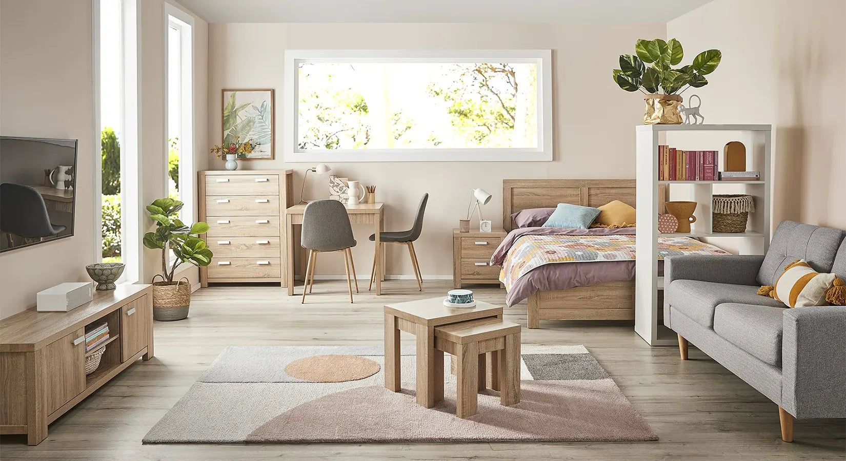 Grey Sofa and Wooden TV and Coffee Table and Wood Bed Frame,Earthy Tones Interior