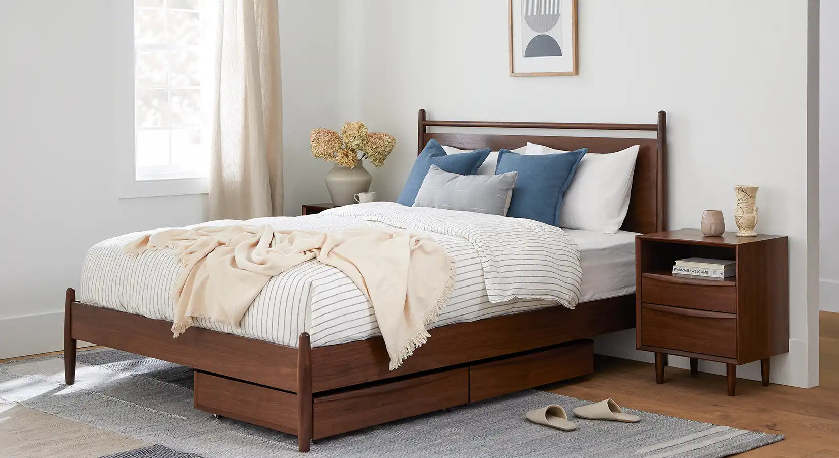 Walnut Brown Solid Wood Bed Frame with Under Bed Storage Compartments