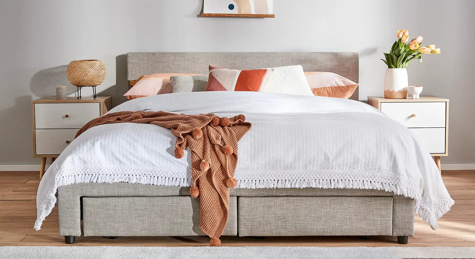 Gray Upholstered Linen Bed Frame with Under Bed Storage Drawers