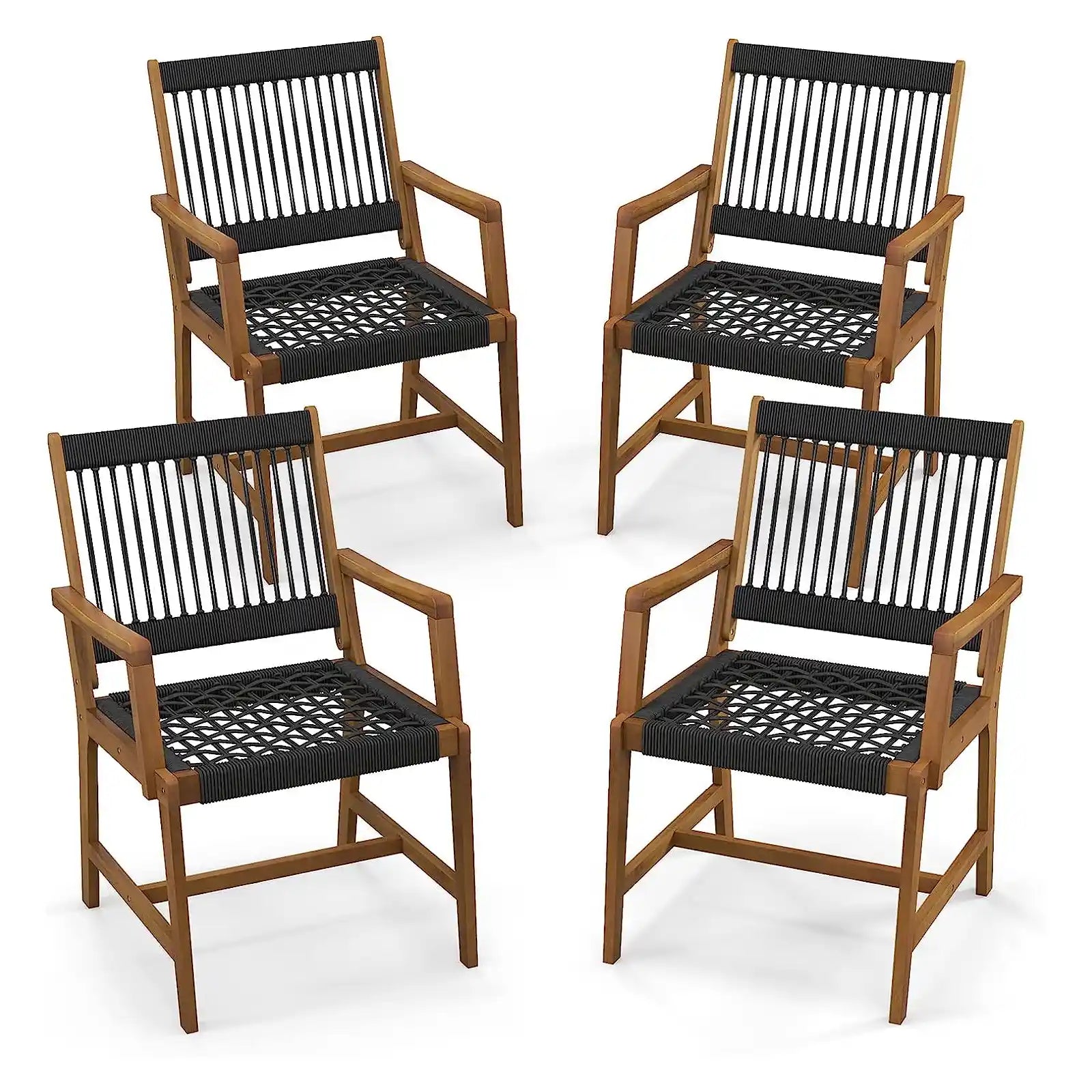 Outdoor Acacia Wood Dining Chairs Set of 4, All-Weather Rope Woven Patio Chairs with Armrests, Outdoor Armchairs for Patio, Lawn, Garden, Backyard