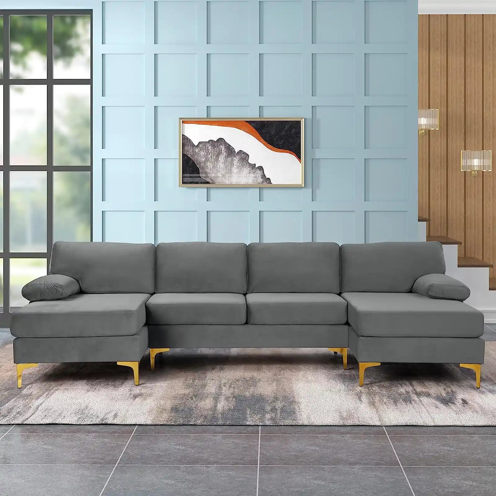 Sofá seccional grande moderno de tela de terciopelo en forma de U, sofá chaise lounge doble extra ancho con patas doradas 