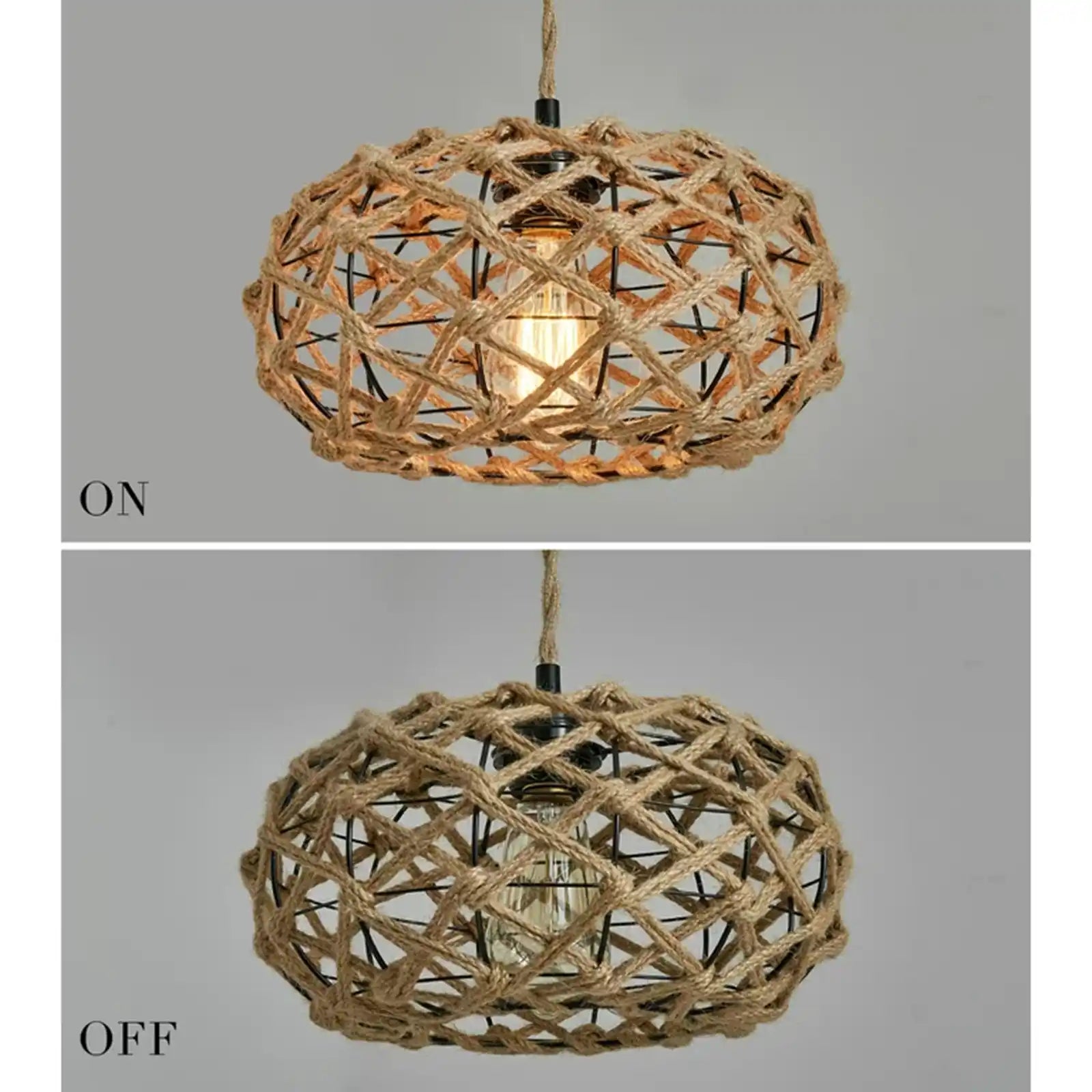 Boho Pendant Light Rustic Hand-Woven Hemp Rope Cage Basket Rattan Hanging Lamp Wicker Coastal Retro Light Fixtures for Hallway Entryway Kitchen Island Dining Room