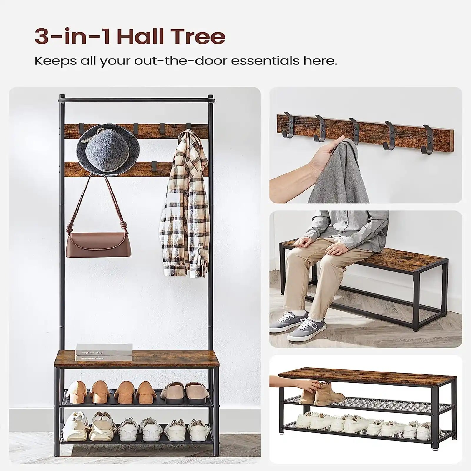 Hall Tree with Bench and Shoe Storage, Entryway Bench with Coat Rack Stand and Shoe Rack, 9 Removable Hooks, Top Bar, Fabric Shelves, Industrial, Rustic Brown and Black