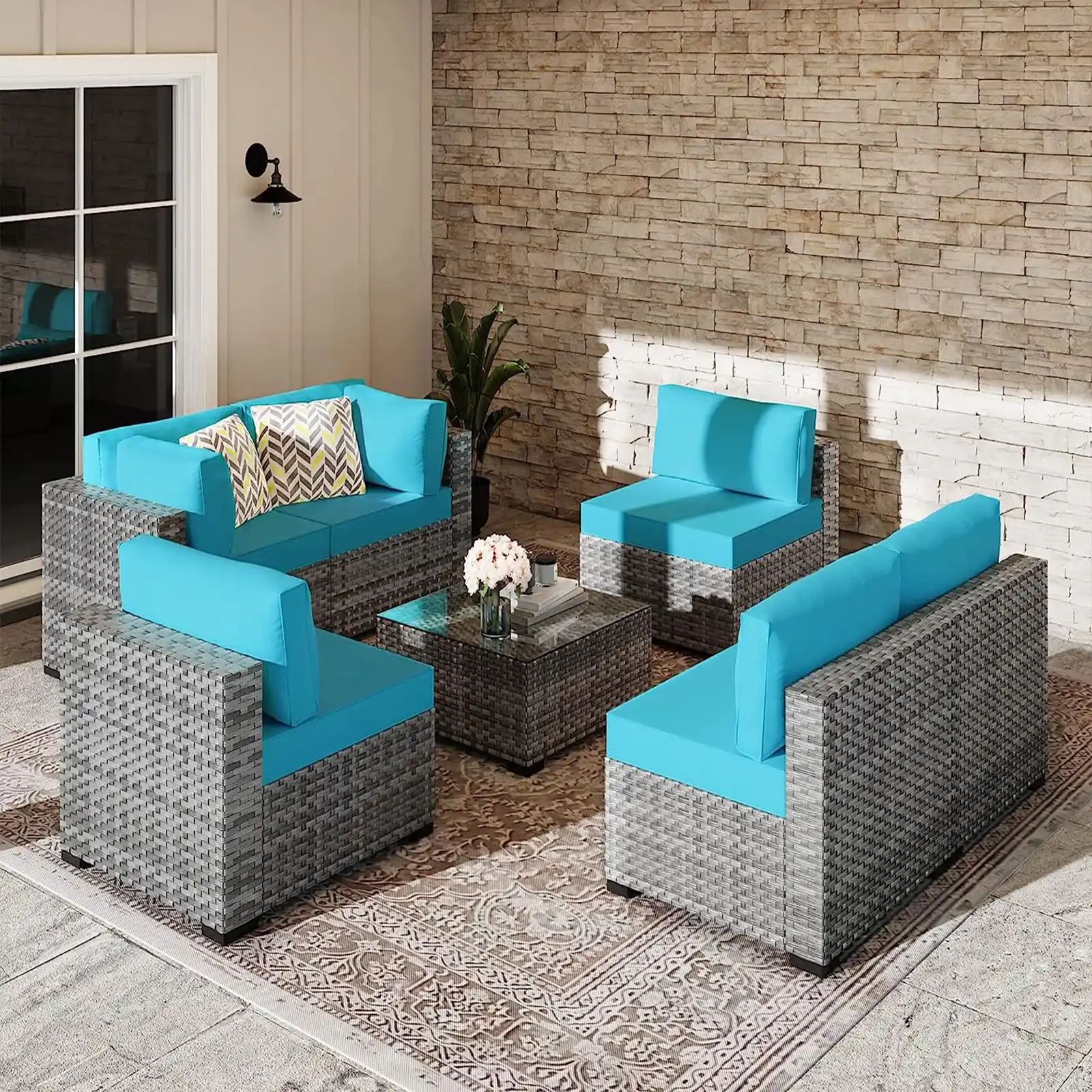 7pcs Patio Conversation Sets Outdoor Furniture Sets, High Back All-Weather Rattan Sectional Sofa with Tea Table&Washable Couch Cushions