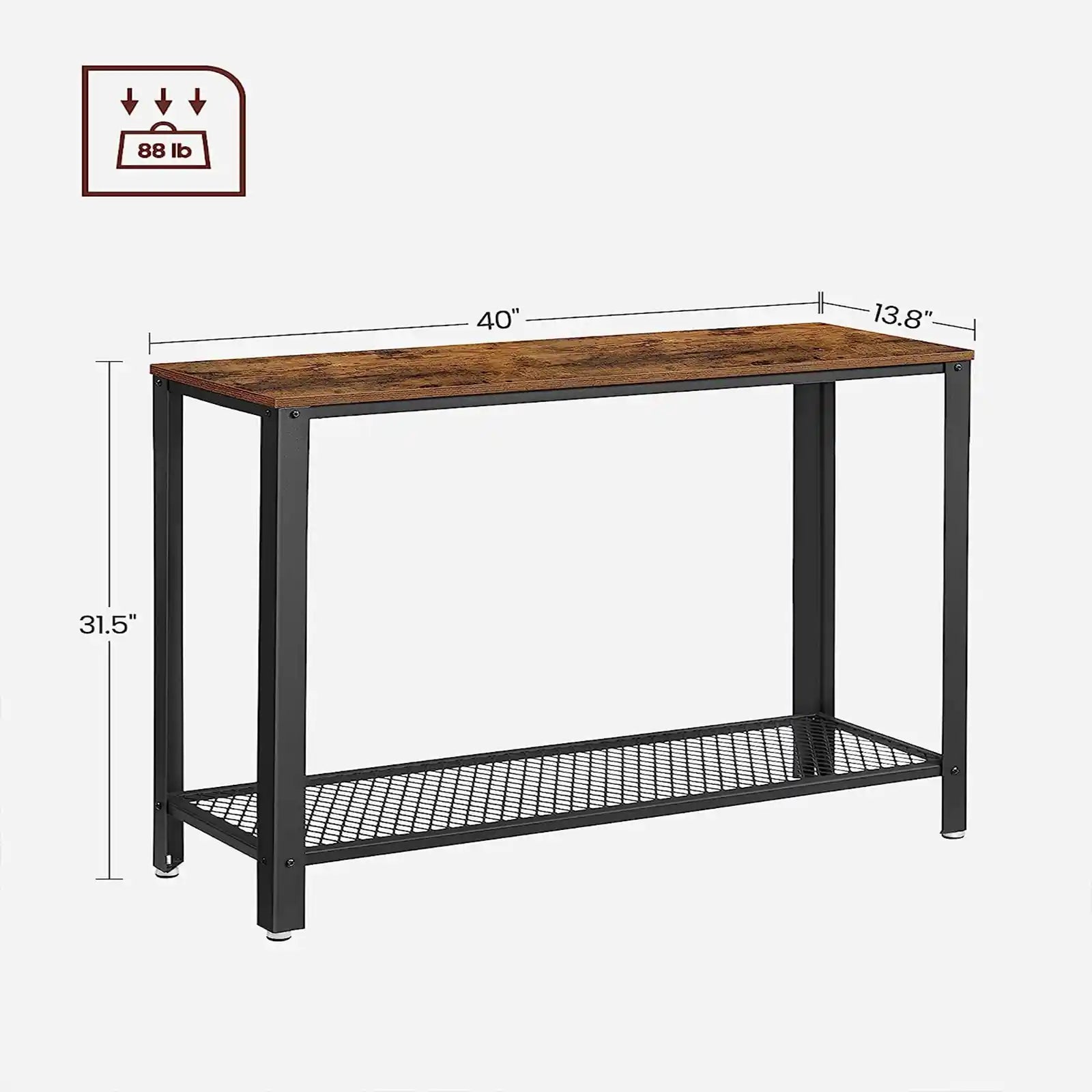 Mesa consola, mesa de entrada de 2 niveles con estante de malla, mesa de sofá estrecha, estructura de acero, pies ajustables, para pasillo, sala de estar, estilo industrial 