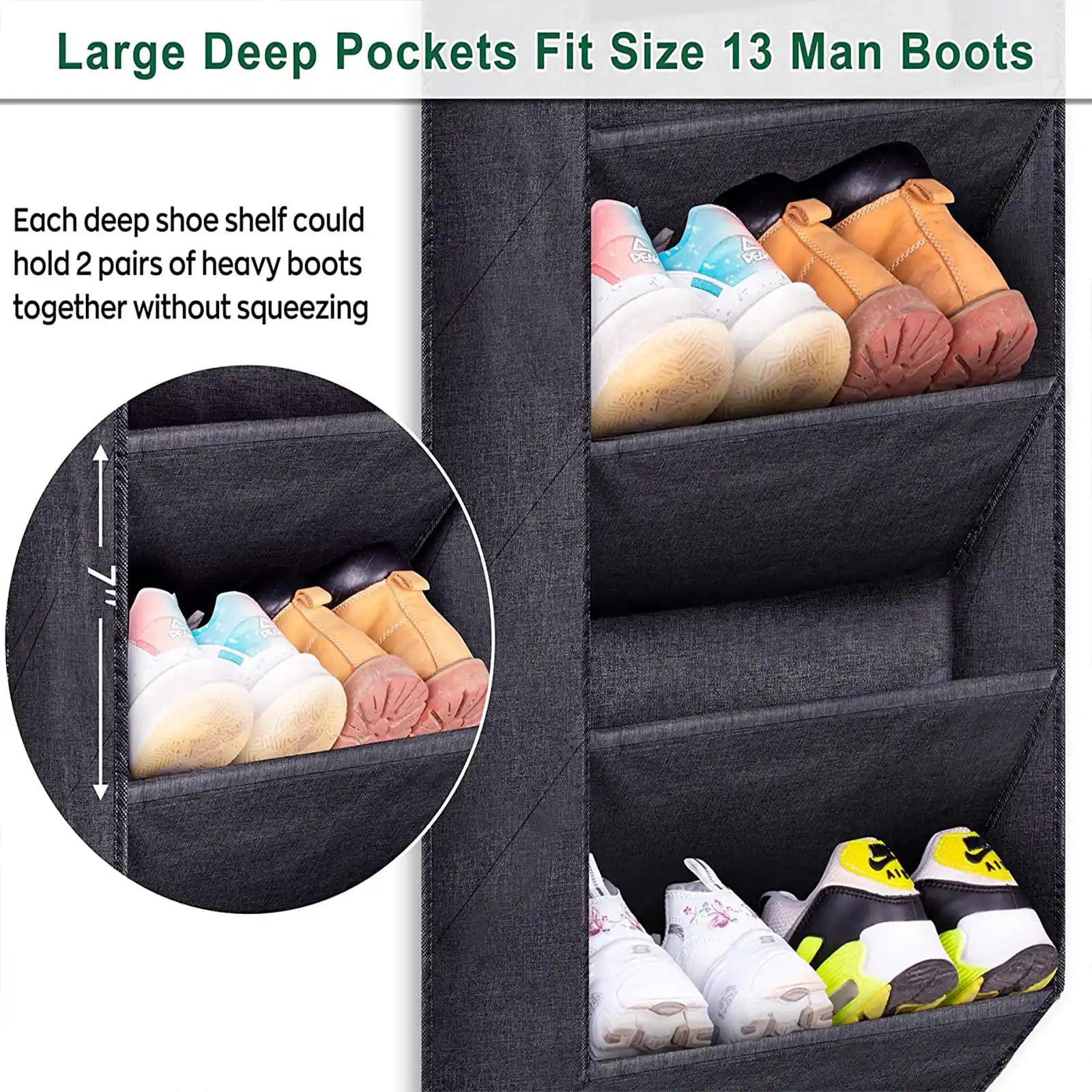 Over the Door Shoe Rack for Closet, Short Hanging Shoe Organizer with Large Deep Pockets, Narrow Door Shoe Storage for Boots in RV, Dorm