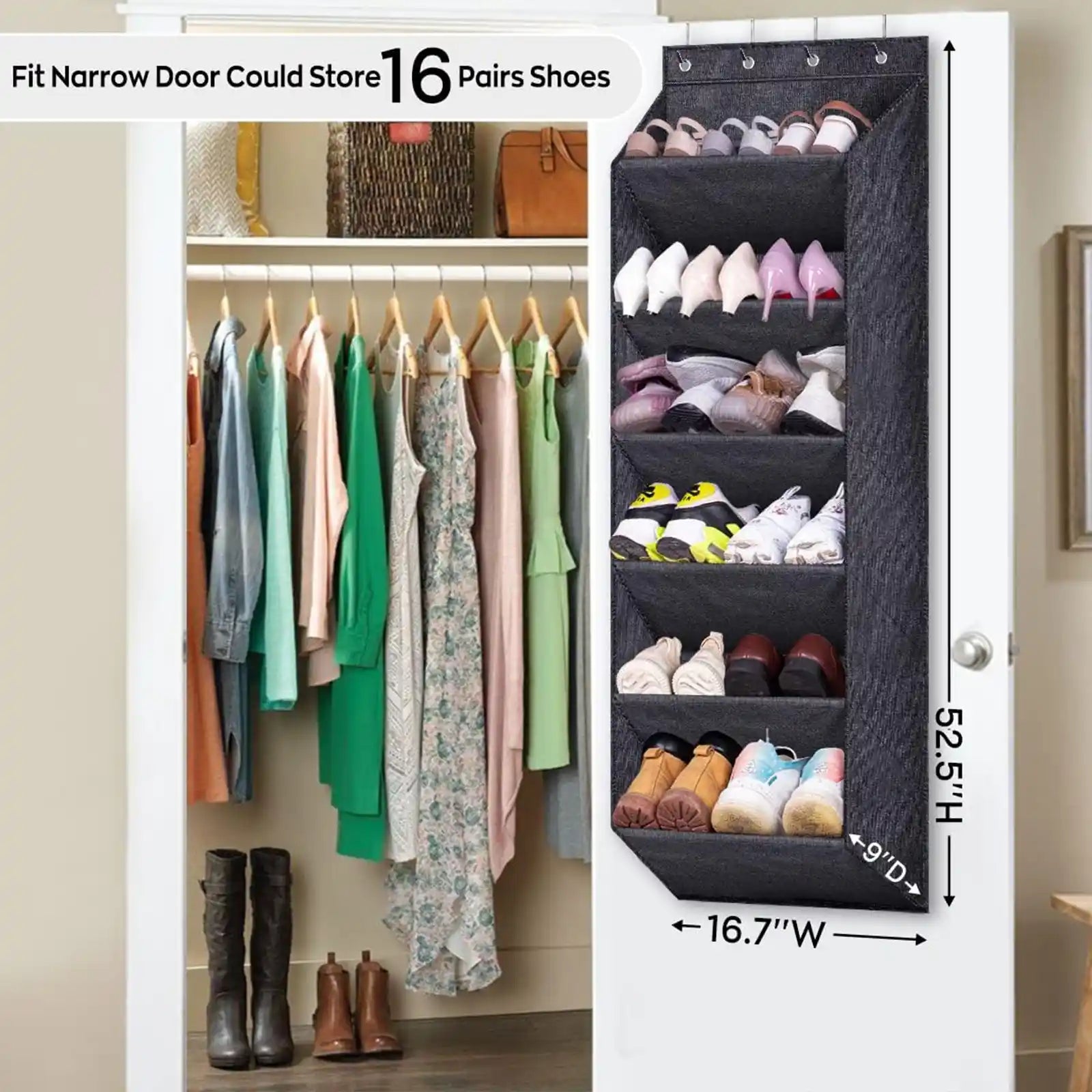 Shoe Rack for Door with Large Deep Pocket, Hanging Door Shoe Organizer for Closet Hanger, Dorm and Narrow Door Storage Shoe Holder