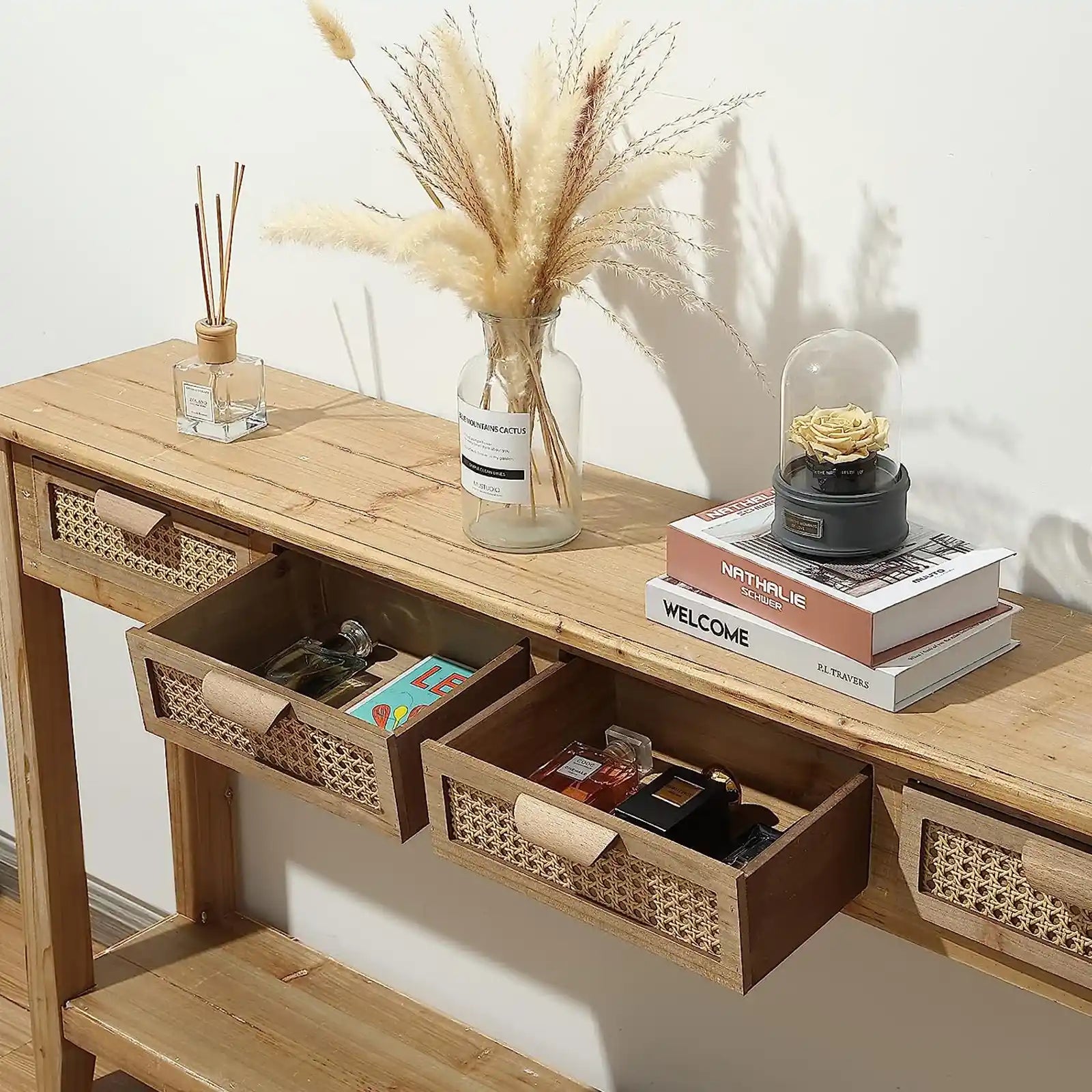 Farmhouse Console Table with 4 Rattan Drawers, 60" Long Narrow Boho Foyer Sofa Tables with Open Storage Shelves for Entryway,Hallway,Living Room, Natural