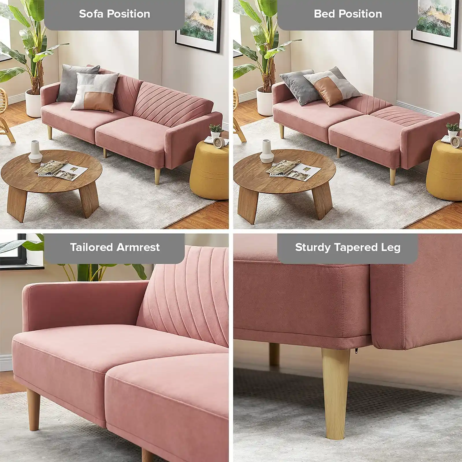 Futon Sofa Bed, Convertible Sleeper Sofa with Tapered Wood Legs, 77.5" W, Small Splitback Sofa for Living Room, Twin ( Velvet )