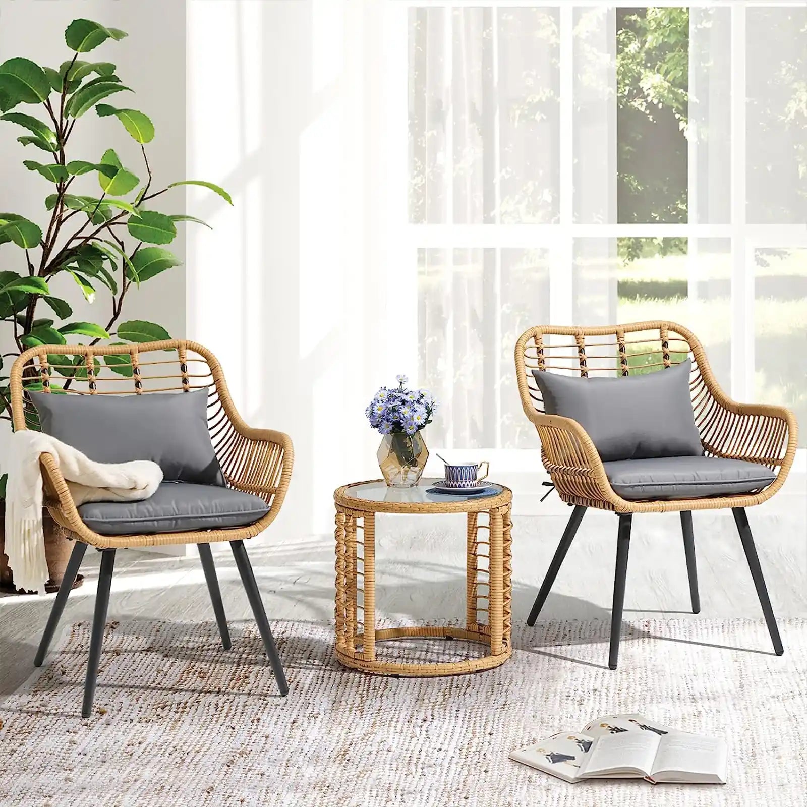 3 Piece Outdoor Wicker Furniture Bistro Set, Patio Rattan Conversation Set with Round Glass Top Coffee Side Table, Cushions for Porch, Backyard, Deck