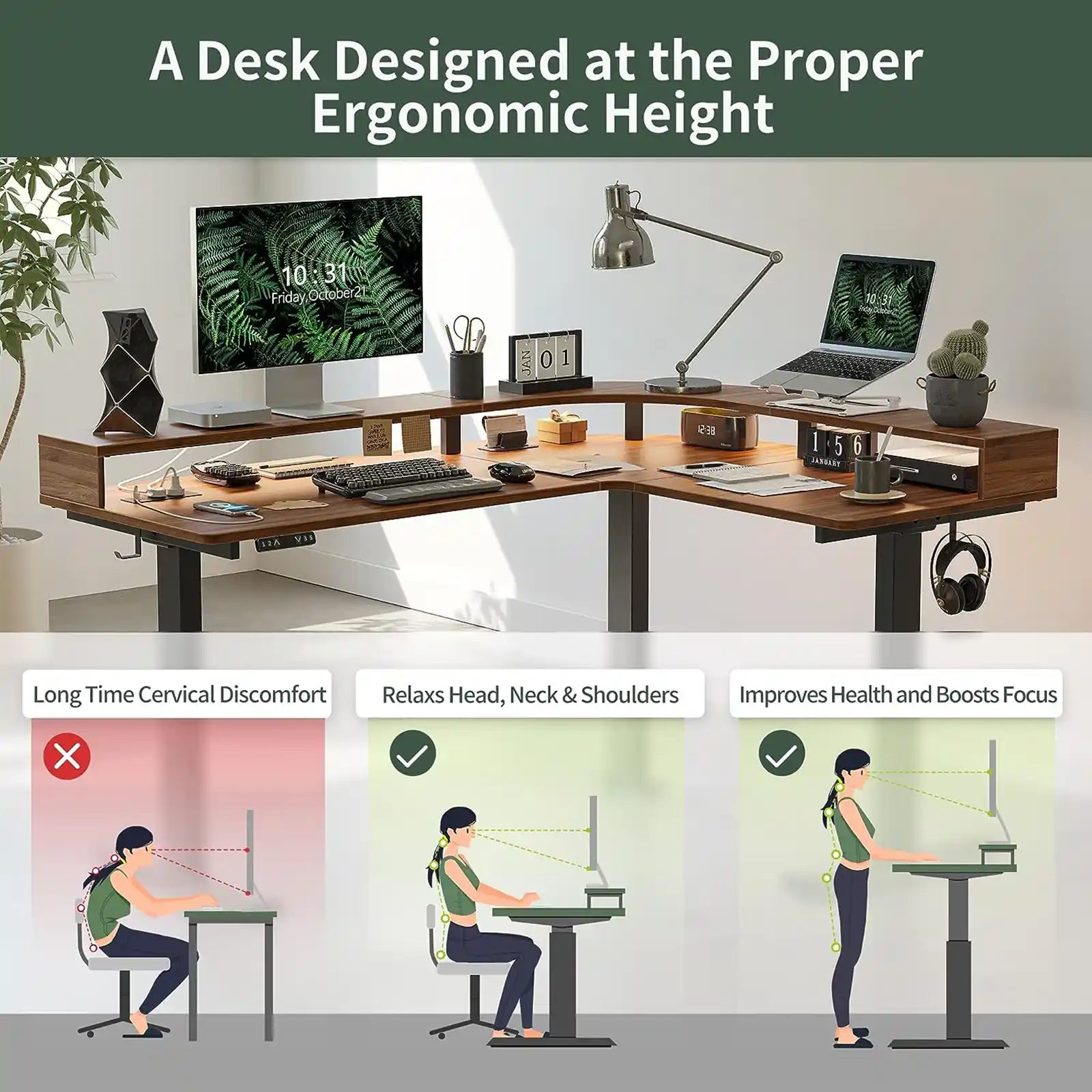 Escritorio de pie ajustable en forma de L con tira LED y tomas de corriente, escritorio de esquina de pie ajustable de 63 pulgadas de altura con soporte ergonómico para monitor 