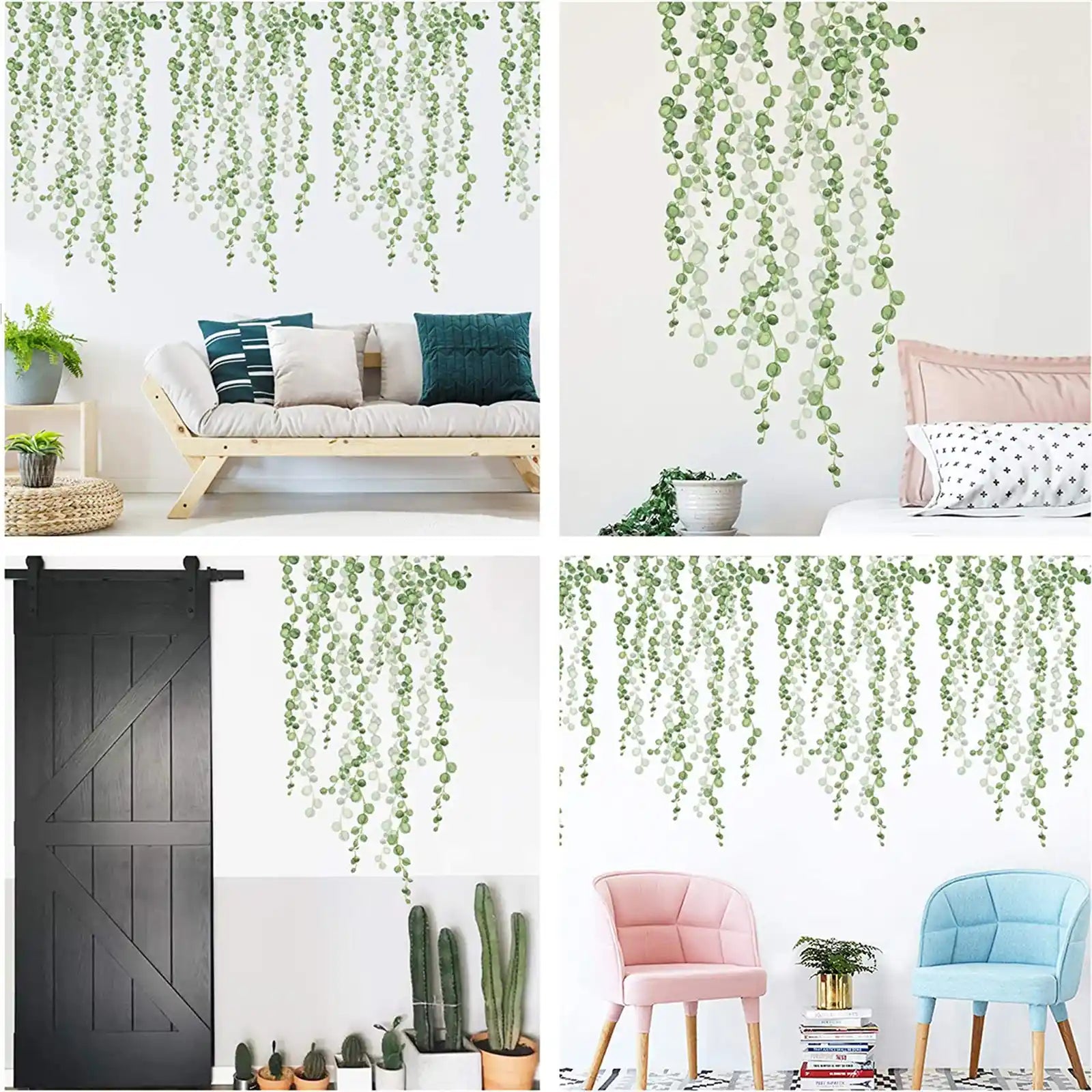 6 Sheets Hanging String of Pearls Vine Wall Stickers Leaves Green Plants Removable PVC Wall Decals Peel and Stick Decorations Decor for Bedroom Living Room Office Murals