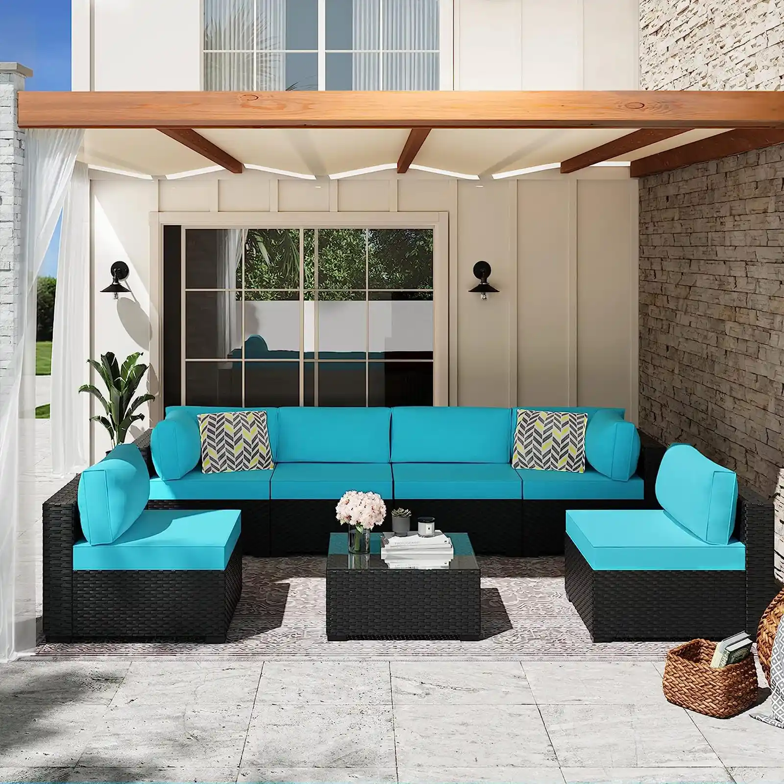 7pcs Patio Conversation Sets Outdoor Furniture Sets, High Back All-Weather Rattan Sectional Sofa with Tea Table&Washable Couch Cushions