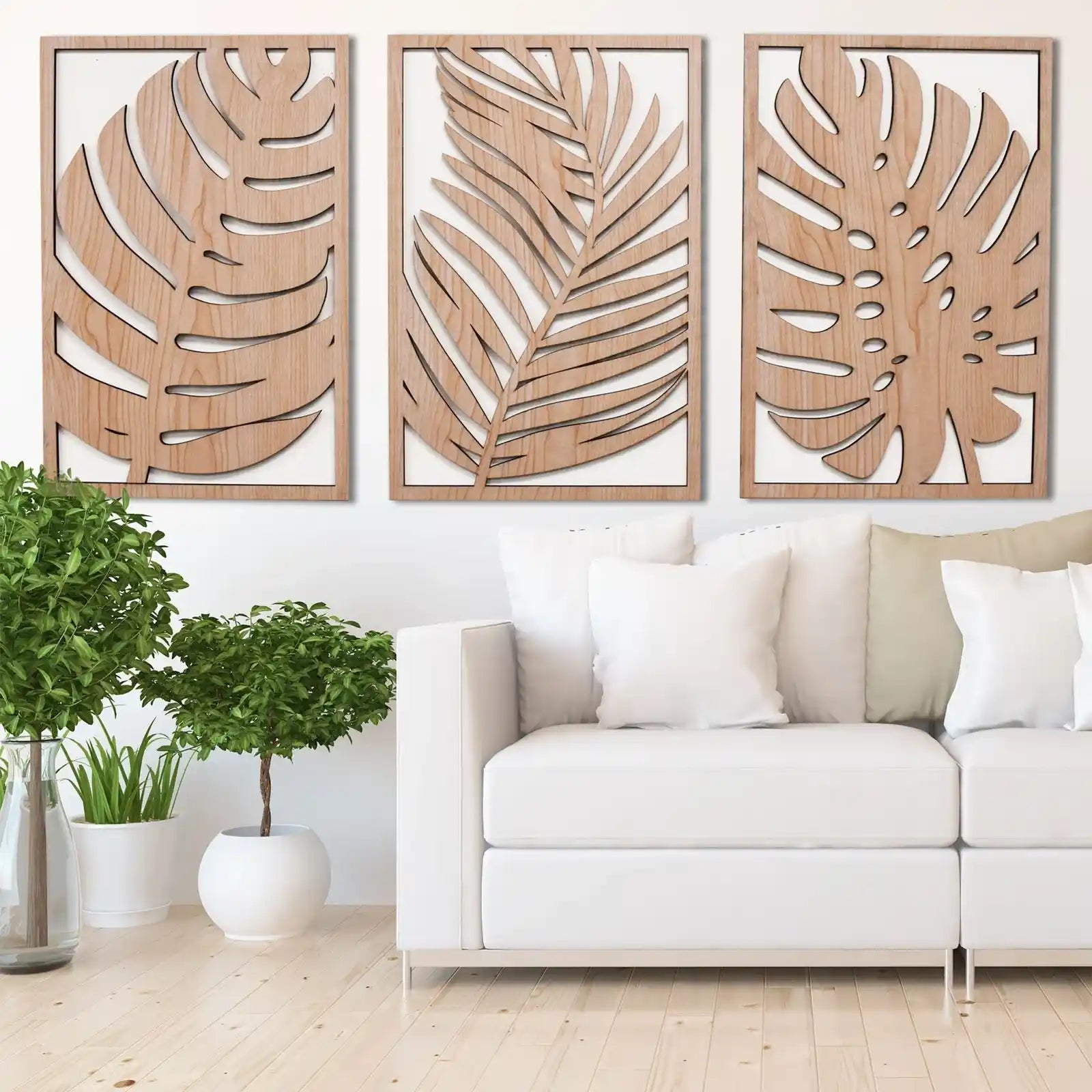 Tropical Leaves Wood Wall Art, 3 Panel Set, Monstera Wooden Leaf Wall Decor, Plant Themed Artwork, Boho, Modern Farmhouse Gift