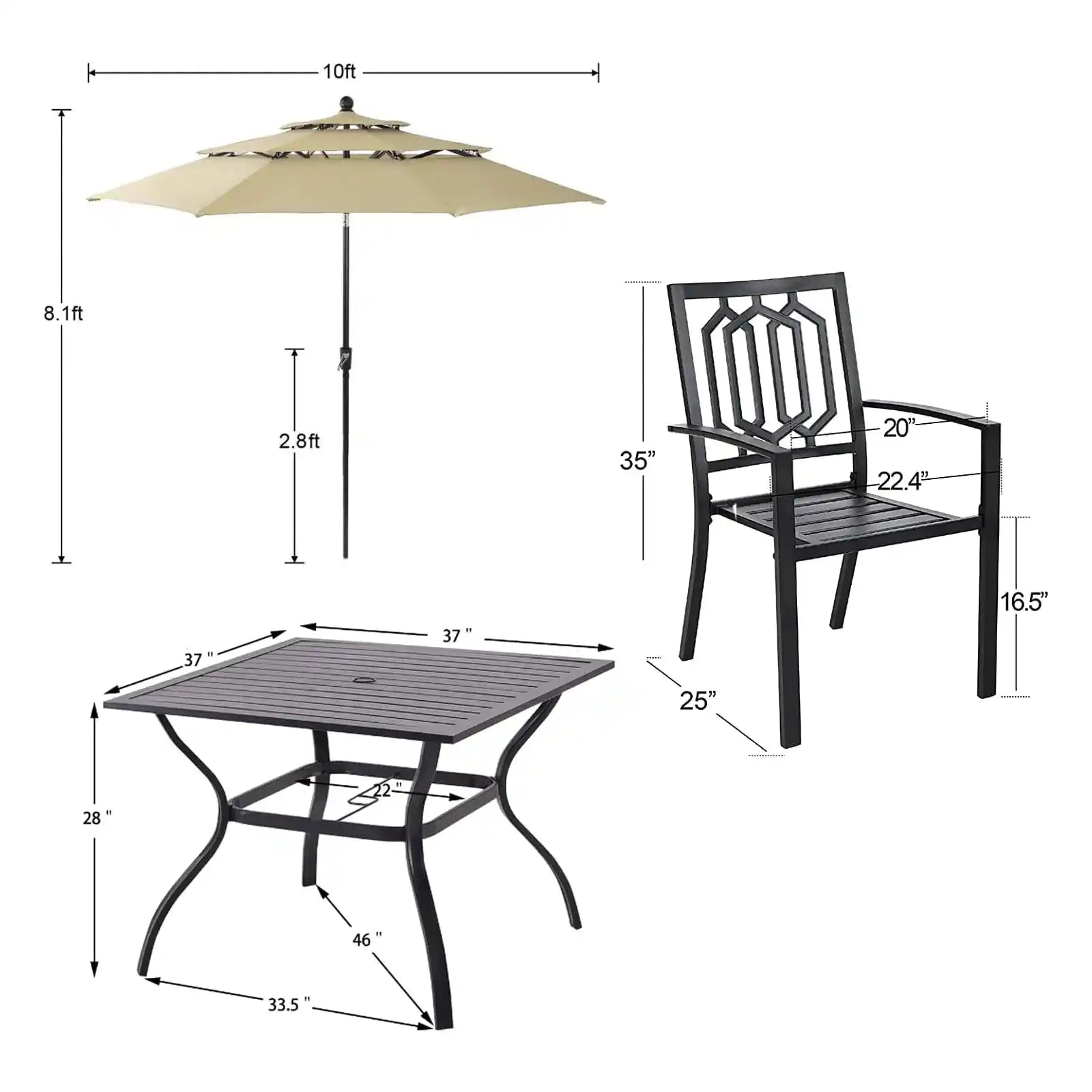 Juego de comedor para patio, 6 piezas con sombrilla, 1 mesa cuadrada de metal, 4 sillas apilables de metal para exteriores y sombrilla de inclinación automática de 3 niveles de 10 pies 