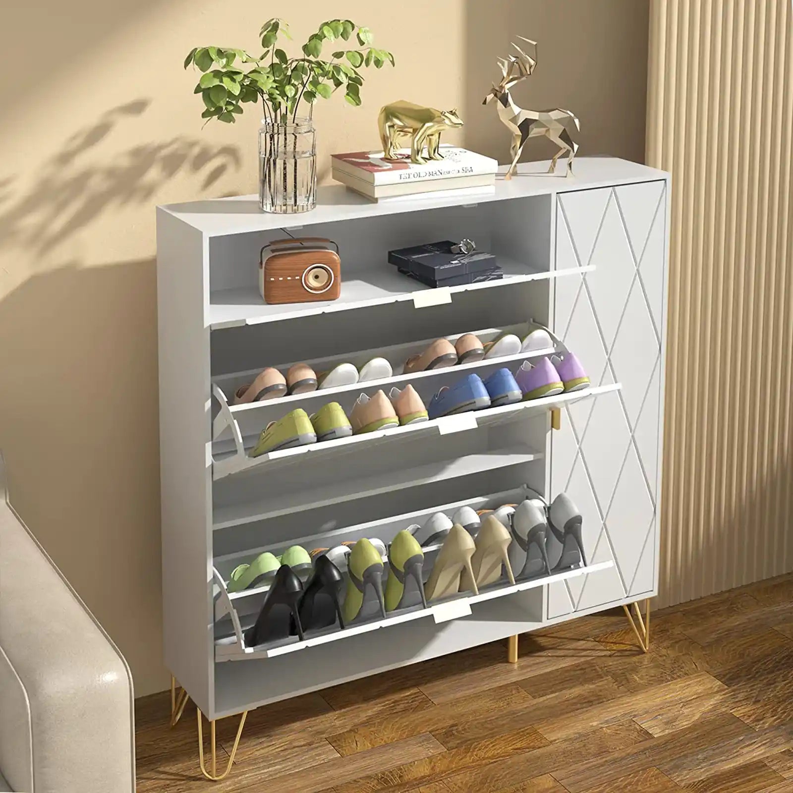 Shoe Cabinet, Free Standing Tipping Bucket Shoes Cabinets, Shoes Storage Cabinet with 3 Flip Drawers and Storage Shelves, Narrow Shoe Rack Cabinet for Entryway, Modern Shoes Organizer