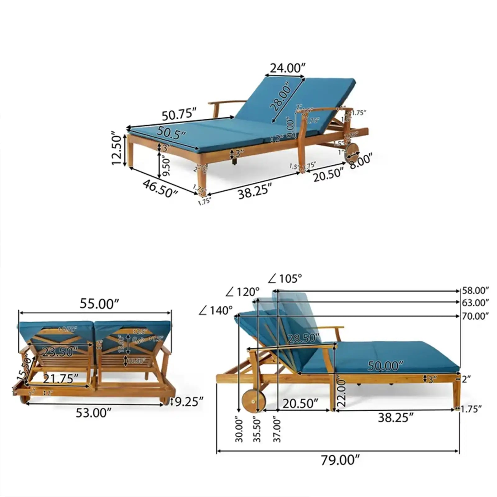 Chaise Lounge doble de madera de acacia para exteriores con cojín