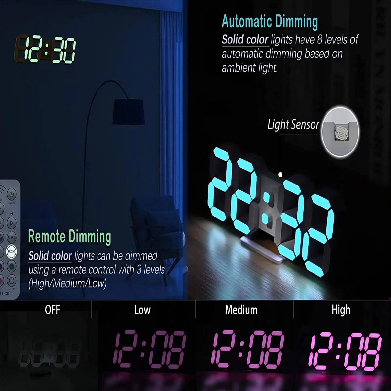 Digital Clock 3D LED Wall Clock 9.7" Bedside Clock for Bedroom Living Room Office Classroom Night Light Auto/Custom Brightness, Temperature, Remote Control