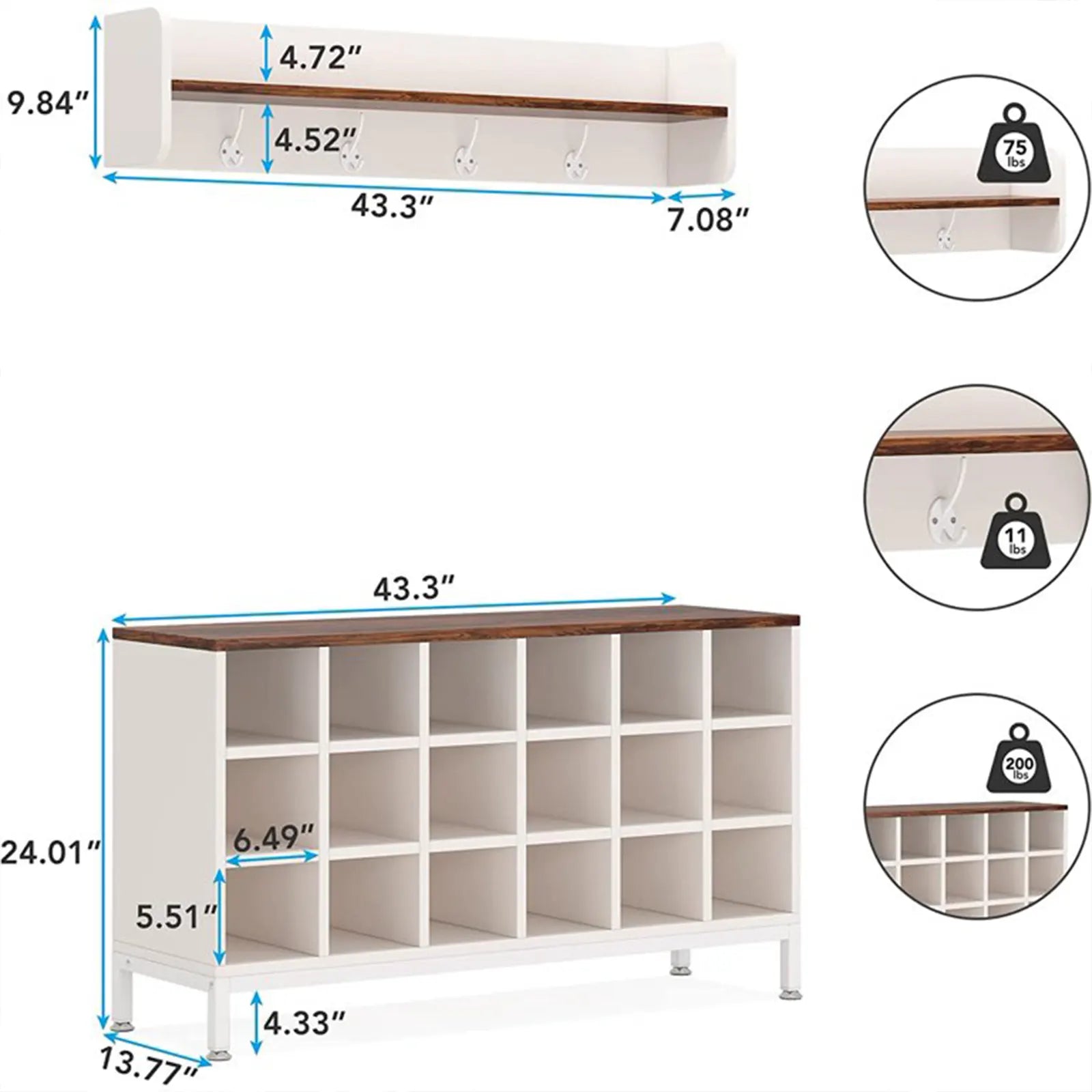 Juego de banco para zapatos con perchero, árbol de pasillo con banco y 18 cubículos para zapatos, banco para zapatos blanco con ganchos para abrigos y estante de almacenamiento para entrada, dormitorio, armario