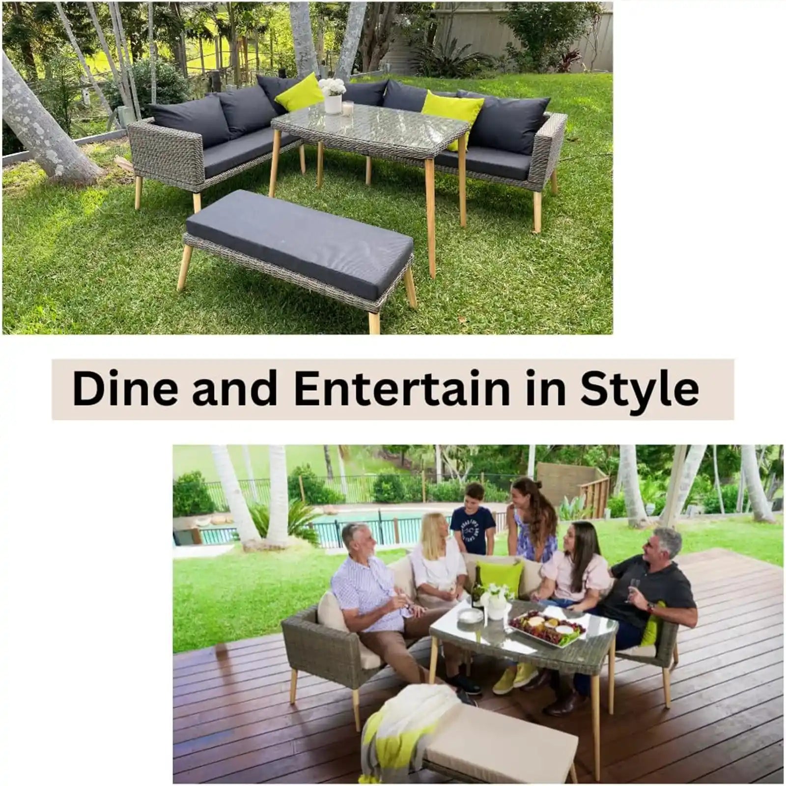 Outdoor Sectional with Dining Table, Patio Furniture Set, Tempered Glass Table Top, Rattan Outdoors Conversation Sets for Balcony, Garden Lawn, Sunroom, Modern Wicker Porch Sofa Table