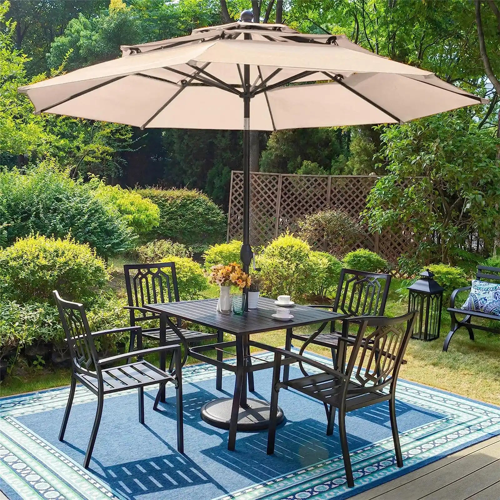 Patio Dining Set 6 pcs with Umbrella,1 Square Metal Table, 4 Metal Outdoor Stackable Chairs and 10ft 3 Tier Auto-tilt Umbrella