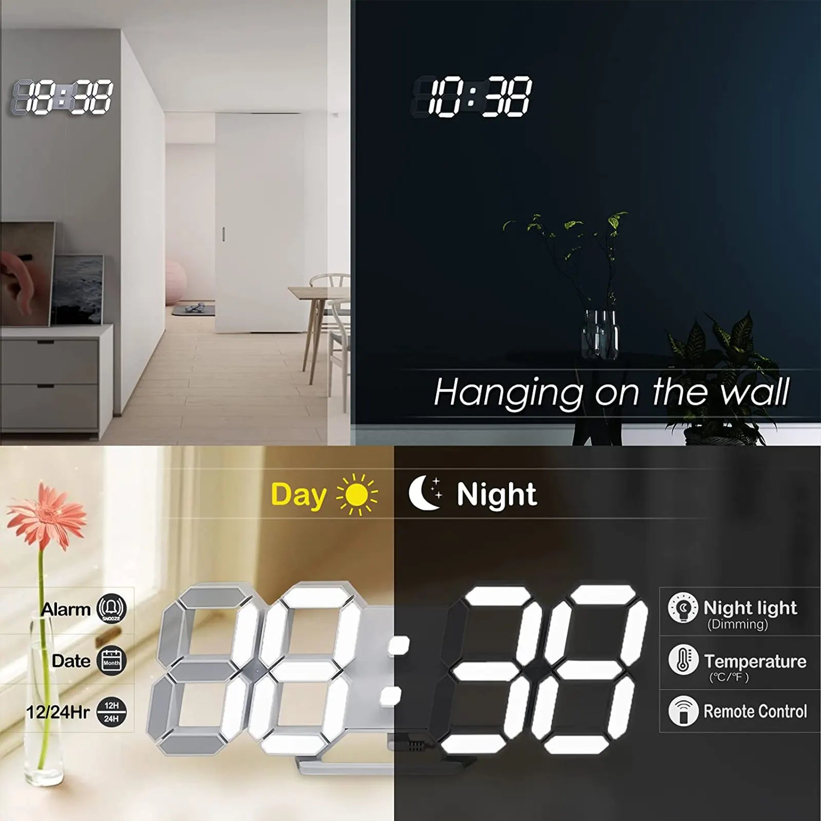 Digital Clock 3D LED Wall Clock 9.7" Bedside Clock for Bedroom Living Room Office Classroom Night Light Auto/Custom Brightness, Temperature, Remote Control