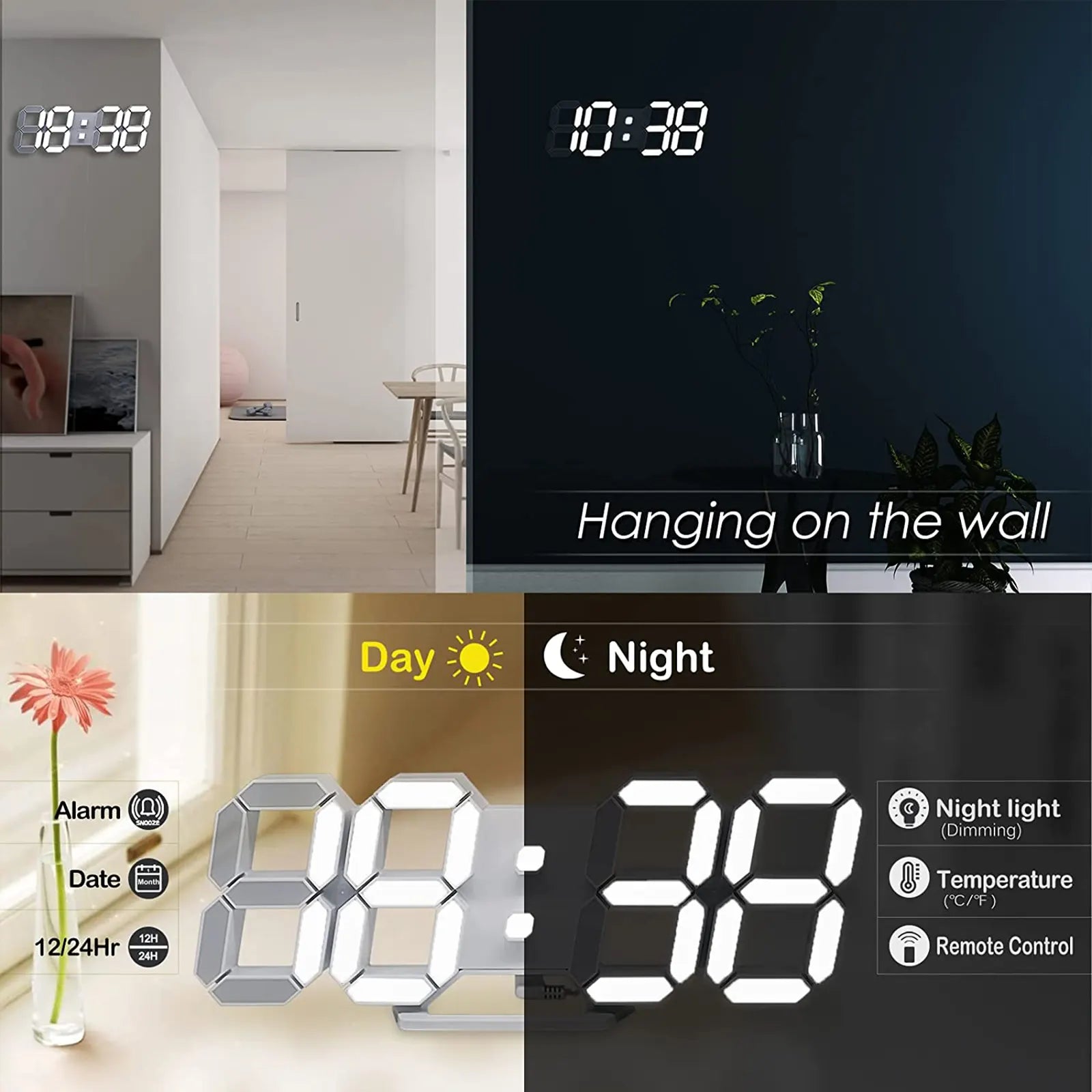 Reloj digital Reloj de pared LED 3D Reloj de noche de 9,7 pulgadas para dormitorio, sala de estar, oficina, aula, luz nocturna, brillo automático/personalizado, temperatura, control remoto 