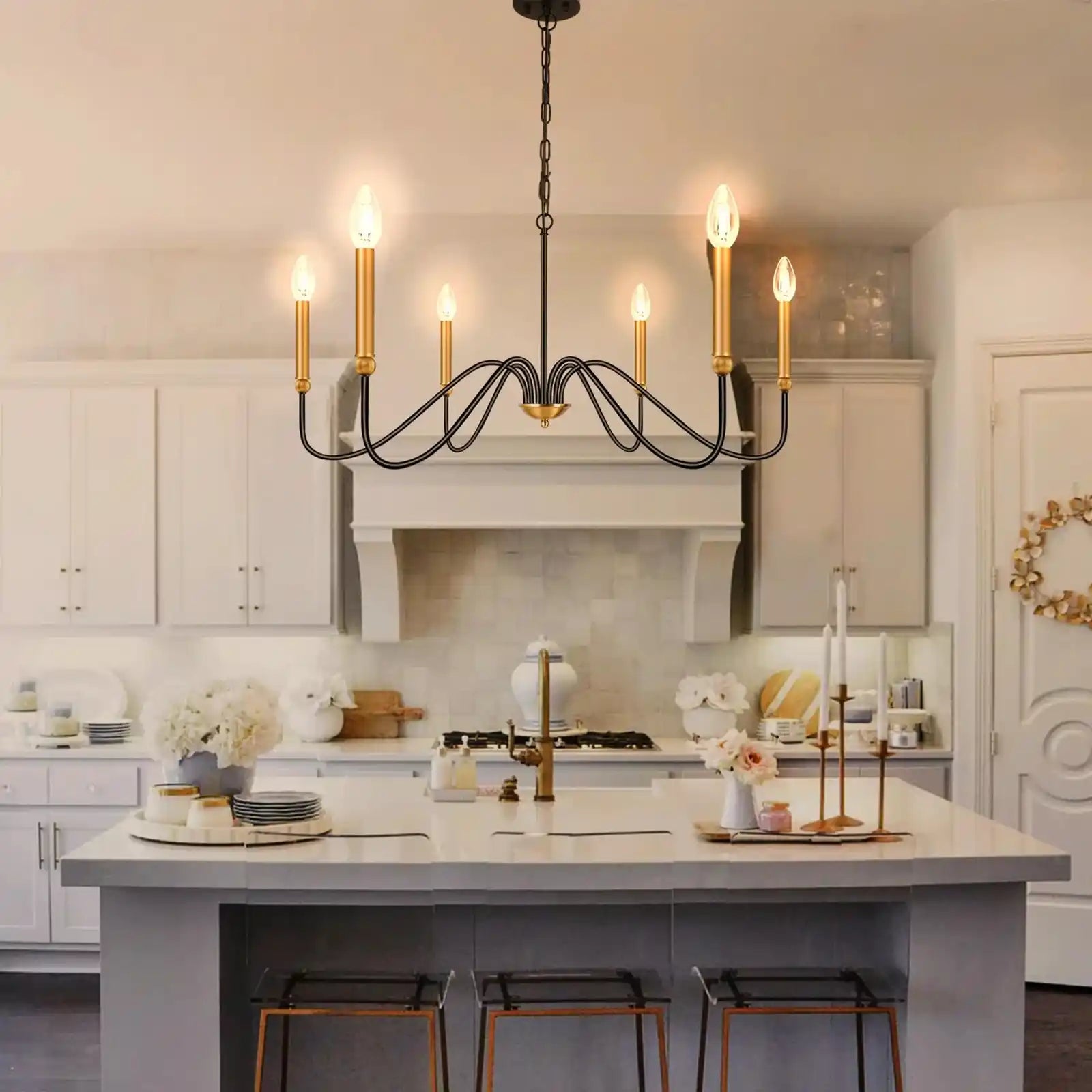 6-Light Farmhouse Chandelier, Industrial Iron Chandelier Lighting, Dimmable Classic Candle Pendant Light Fixture for Dining Room Bedroom Kitchen Island