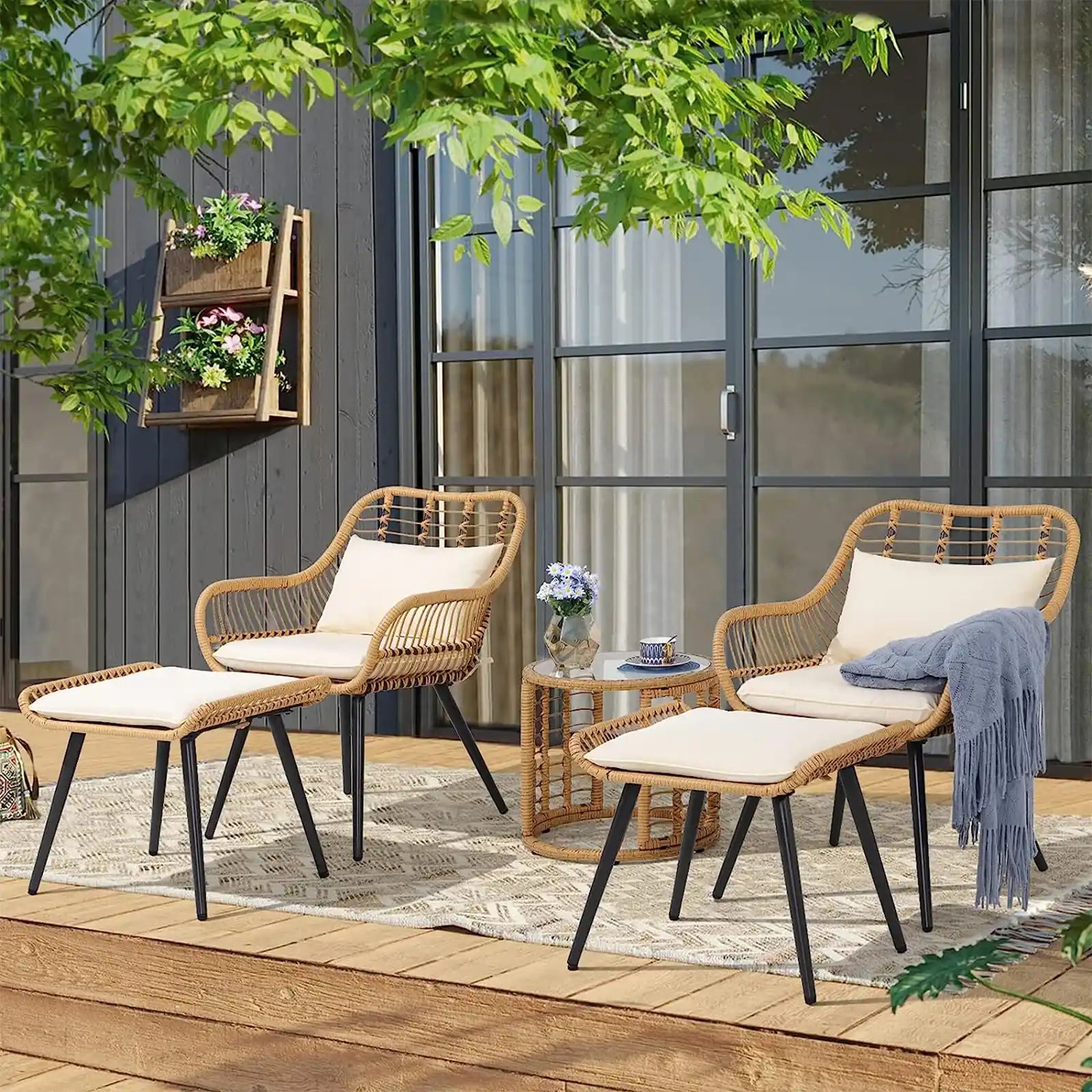 3 Piece Outdoor Wicker Furniture Bistro Set, Patio Rattan Conversation Set with Round Glass Top Coffee Side Table, Cushions for Porch, Backyard, Deck