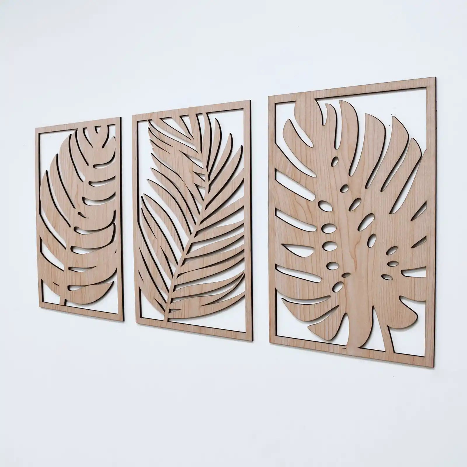 Tropical Leaves Wood Wall Art, 3 Panel Set, Monstera Wooden Leaf Wall Decor, Plant Themed Artwork, Boho, Modern Farmhouse Gift