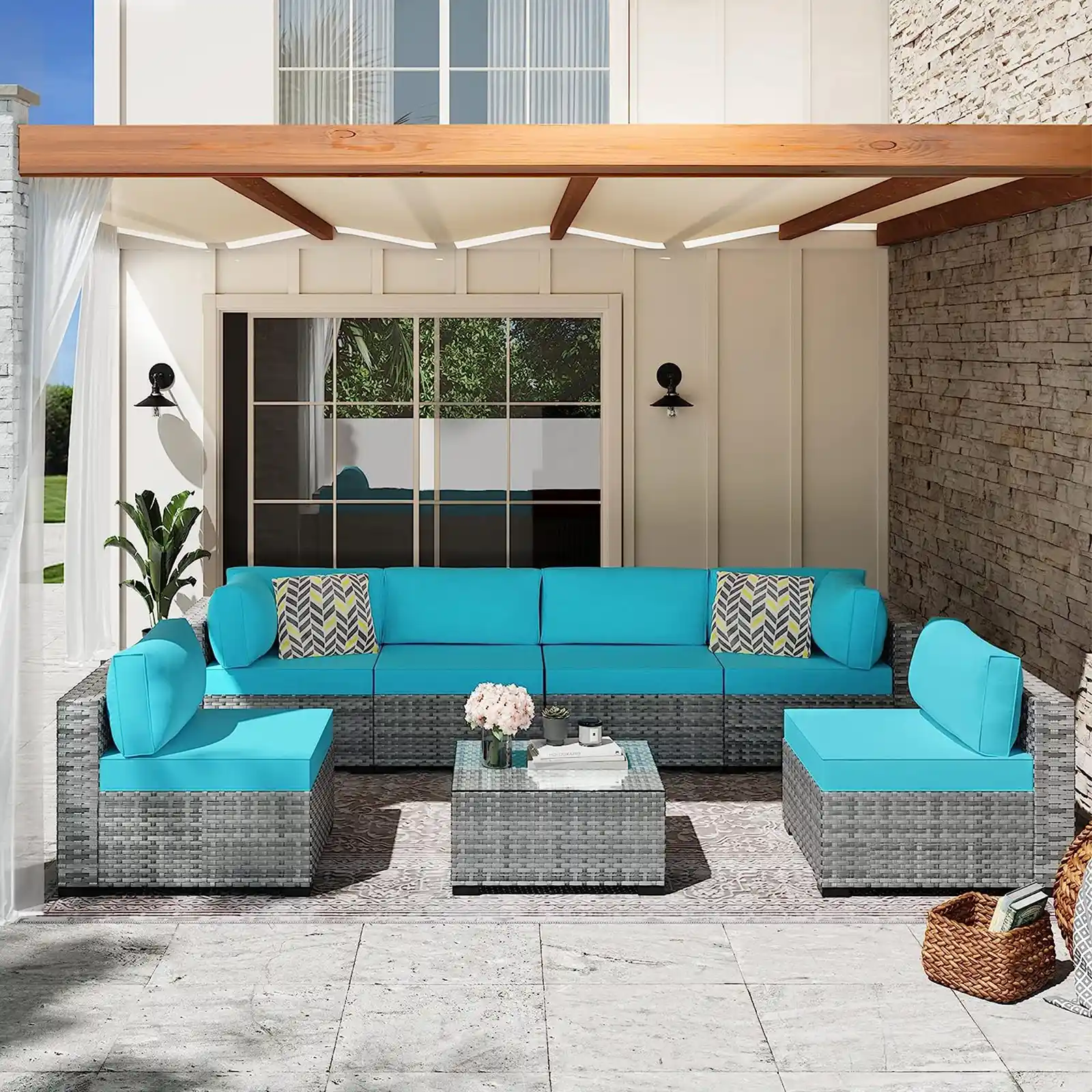 7pcs Patio Conversation Sets Outdoor Furniture Sets, High Back All-Weather Rattan Sectional Sofa with Tea Table&Washable Couch Cushions