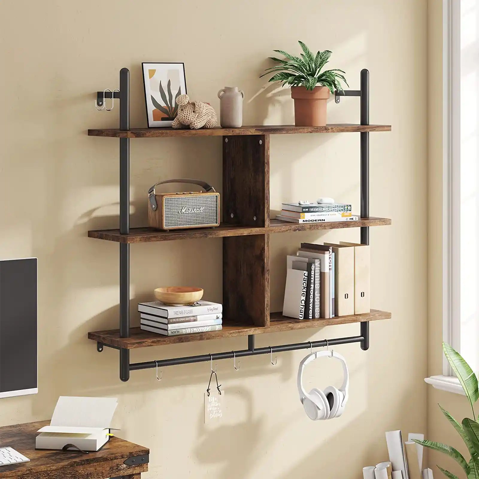 Floating Pipe Shelving, 3 Tier Industrial Wall-Mounted Ladder Shelf Hanging, Wood Display Bookshelf Storage for Living Room, Kitchen