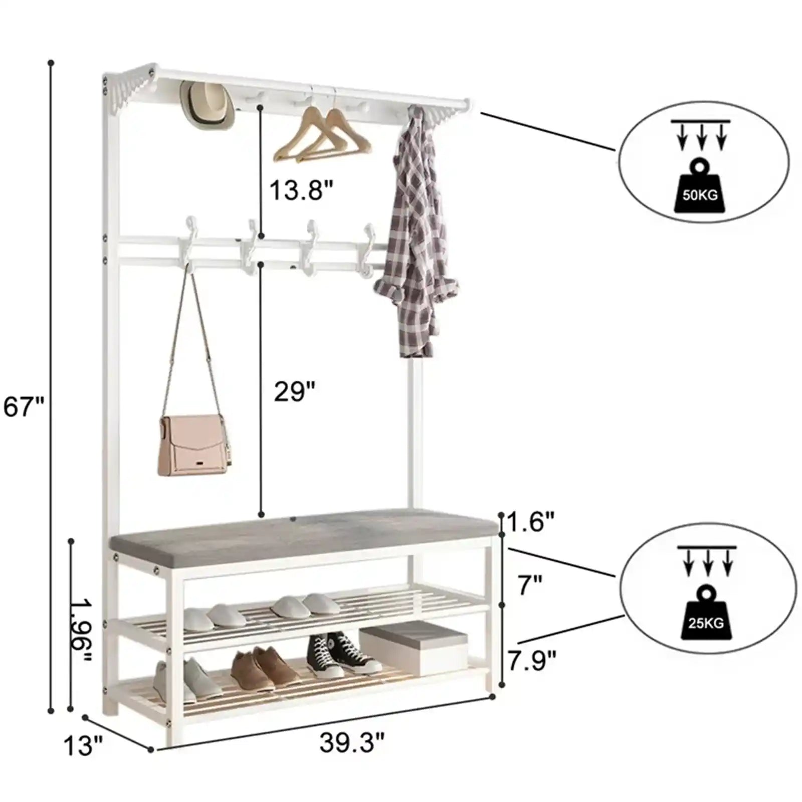 3 in 1 Entryway Hall Tree Coat Rack, Industrial Entryway Bench with 2-Tier Shoe Storage Bench