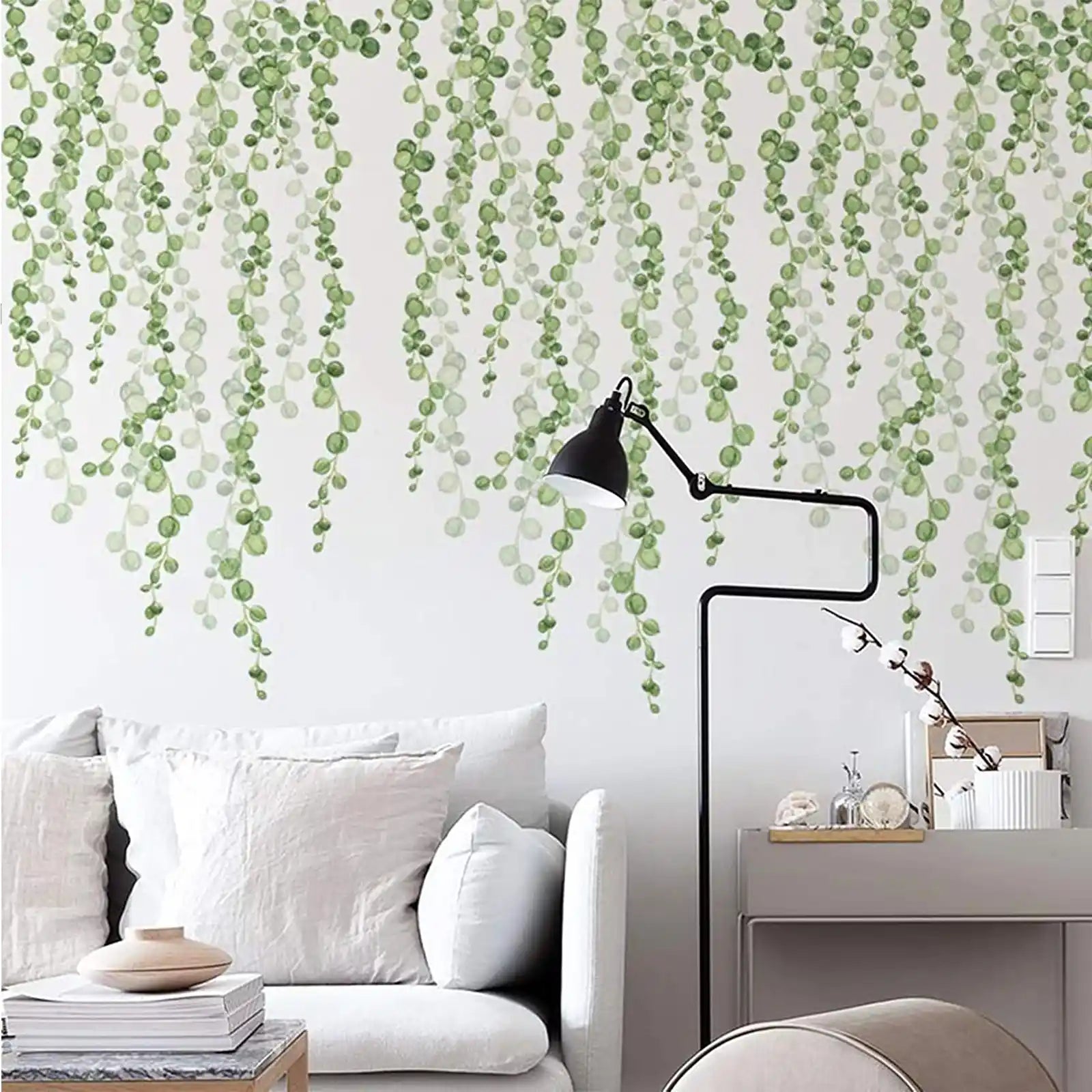 6 Sheets Hanging String of Pearls Vine Wall Stickers Leaves Green Plants Removable PVC Wall Decals Peel and Stick Decorations Decor for Bedroom Living Room Office Murals