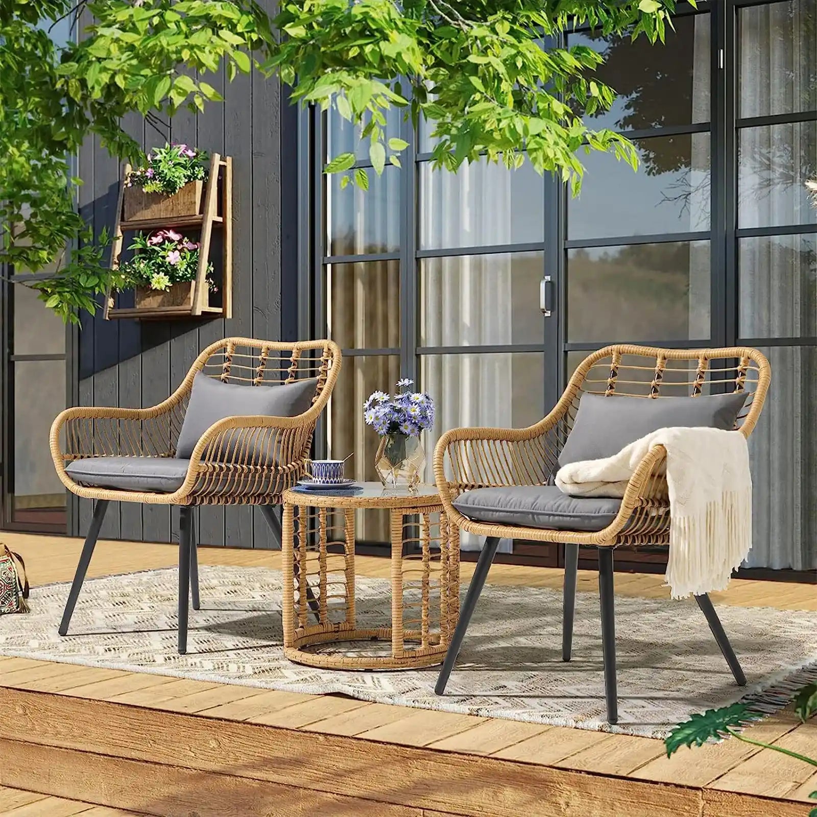 3 Piece Outdoor Wicker Furniture Bistro Set, Patio Rattan Conversation Set with Round Glass Top Coffee Side Table, Cushions for Porch, Backyard, Deck