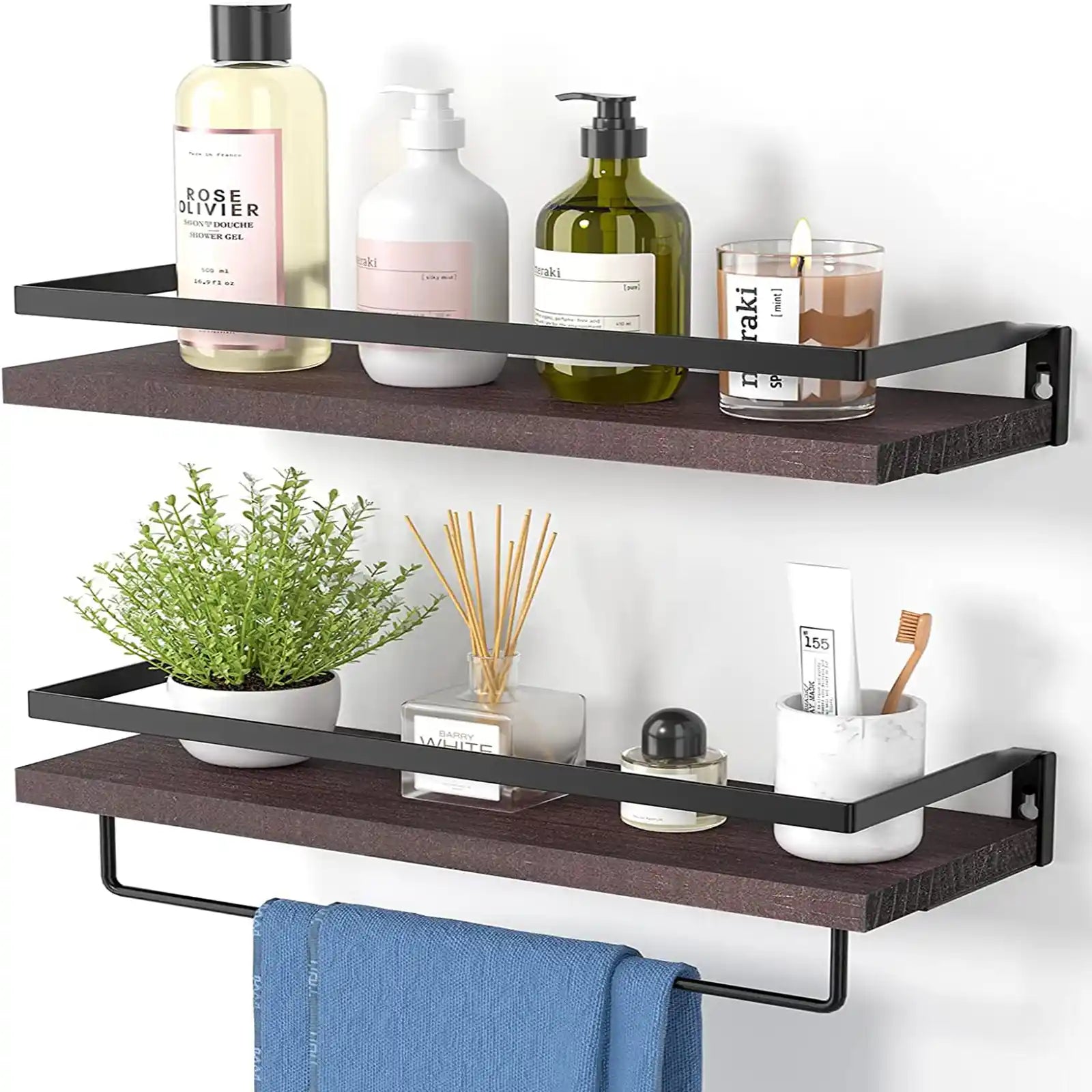 Floating Shelves Wall Mounted, Wall Shelves for Bathroom, Kitchen, Bedroom, Storage Shelf with Towel Bar, Set of 2