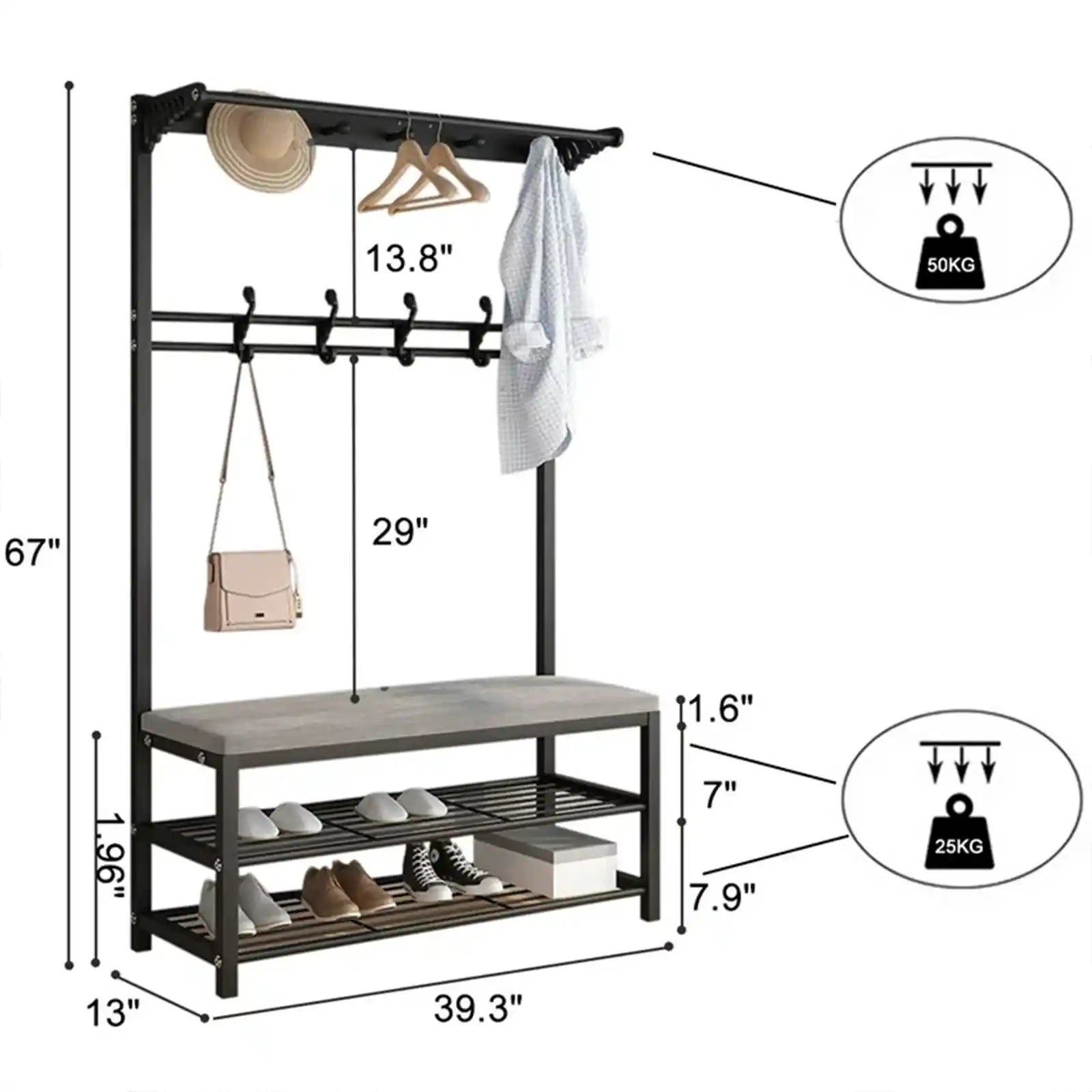 3 in 1 Entryway Hall Tree Coat Rack, Industrial Entryway Bench with 2-Tier Shoe Storage Bench