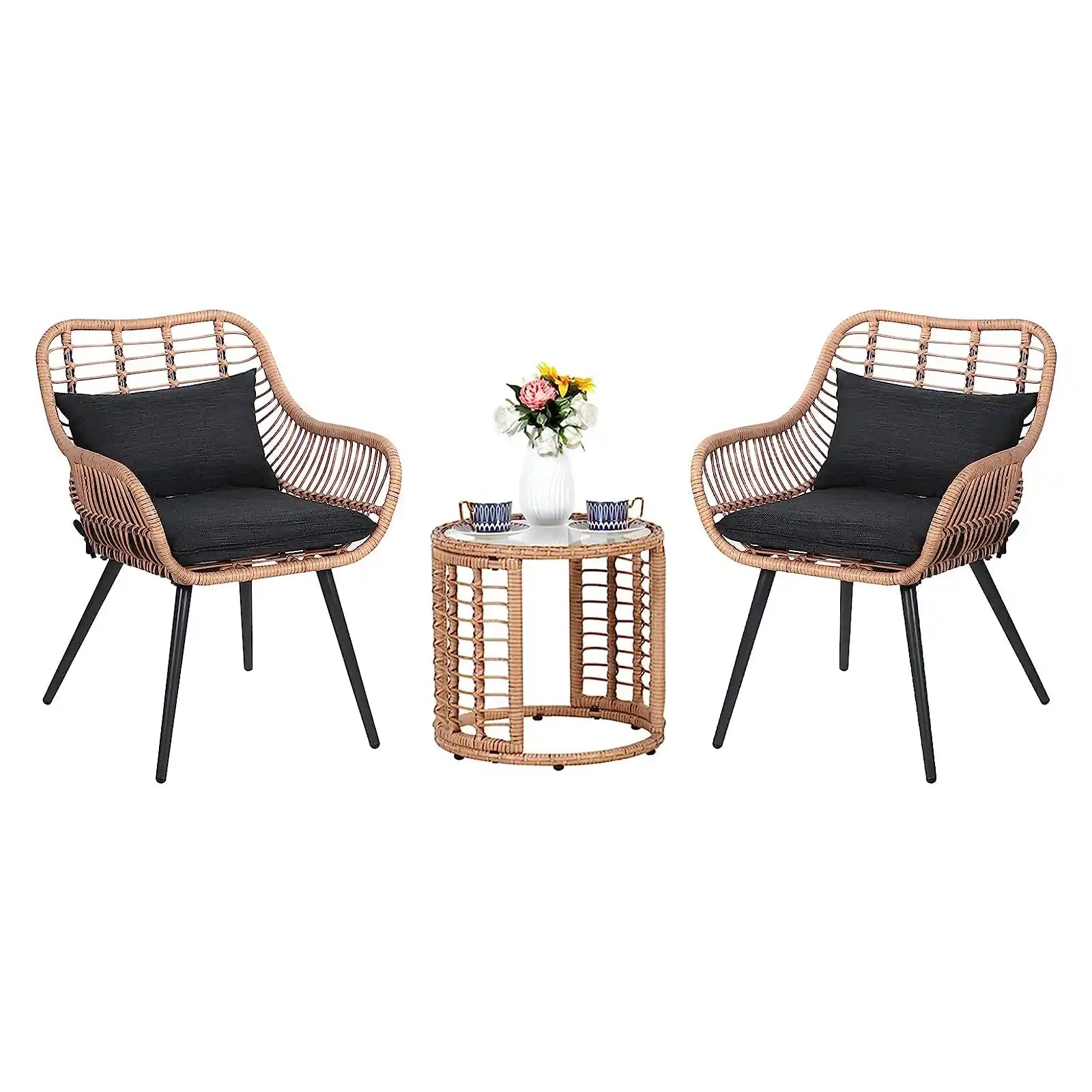 3 Piece Outdoor Wicker Furniture Bistro Set, Patio Rattan Conversation Set with Round Glass Top Coffee Side Table, Cushions for Porch, Backyard, Deck