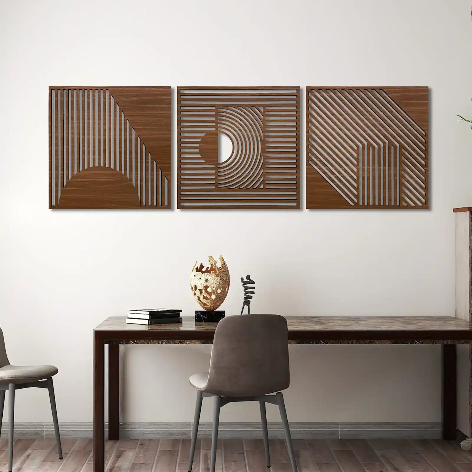 Decoración abstracta de arte de pared de madera, decoración geométrica de pared de madera de 3 piezas, arte de pared geométrico extra grande, paneles de pared de madera tríptico abstracto