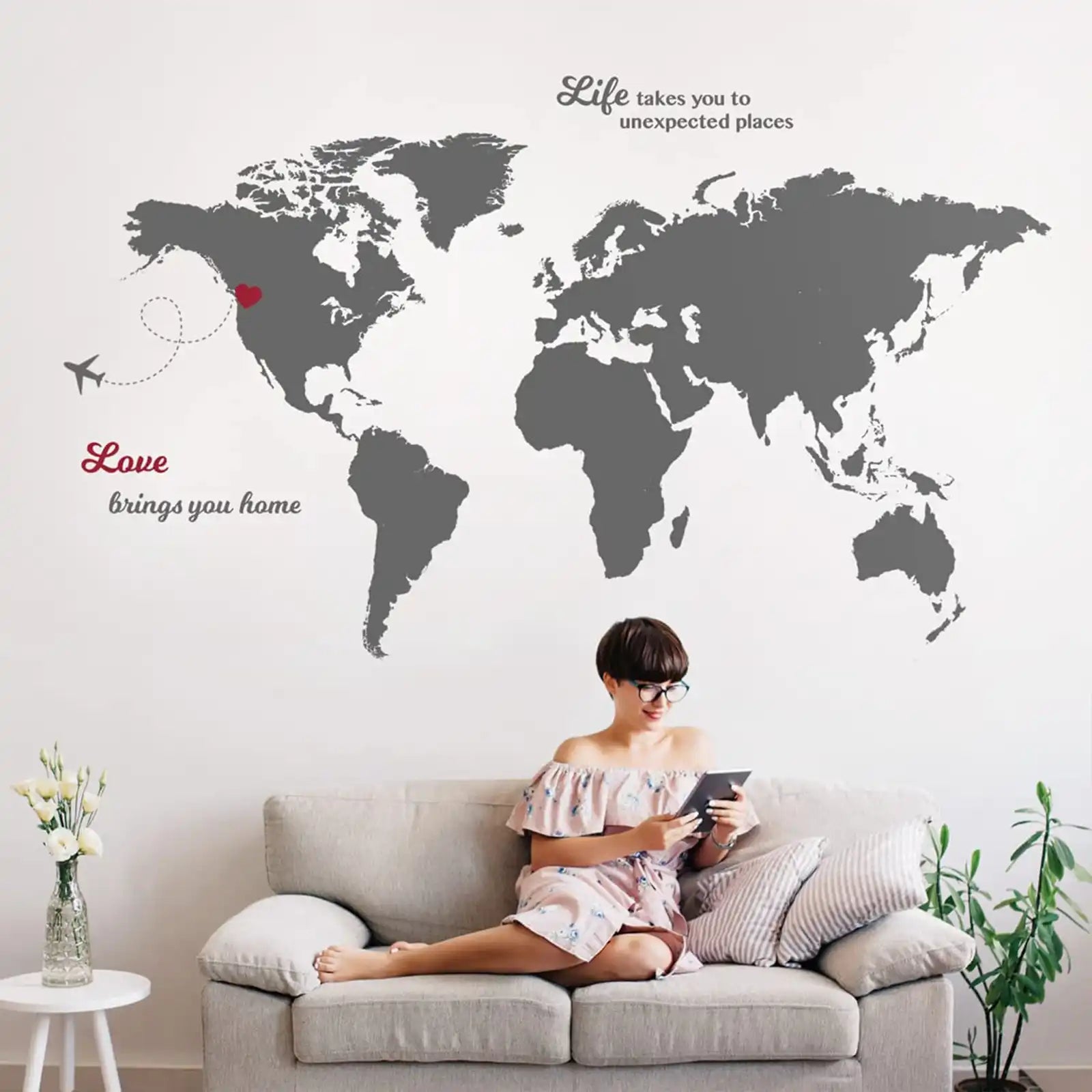 Large World Map Wall Art with Quotes – True Size World Map Decal for Travel Themed Nursery – Modern Wall Decor for Living Room, Bedroom, Office & Dorm – Vintage World Map Stickers