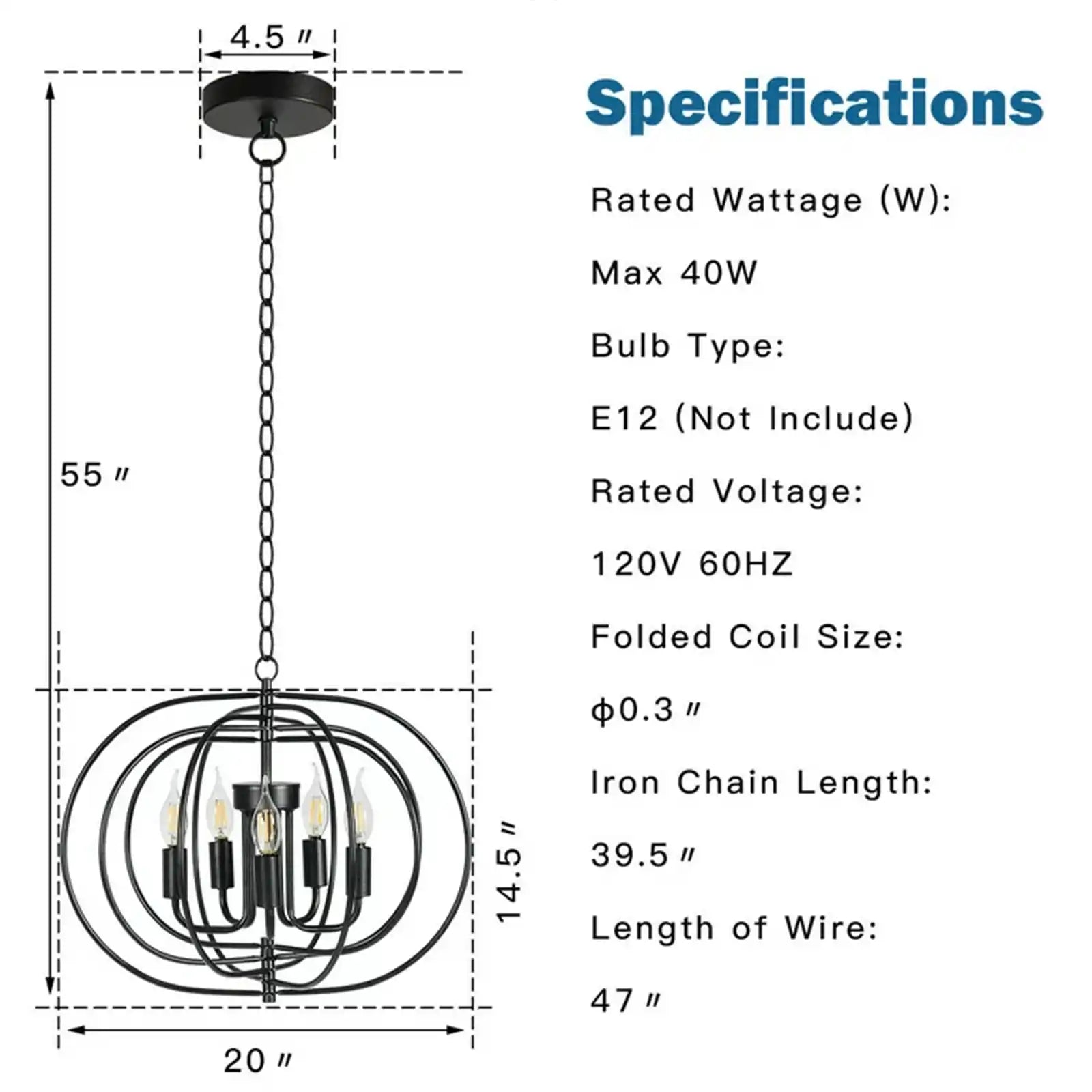 Lámpara colgante de metal de 16 pulgadas y 5 luces con anillos entrelazados pivotantes de cadena de hierro