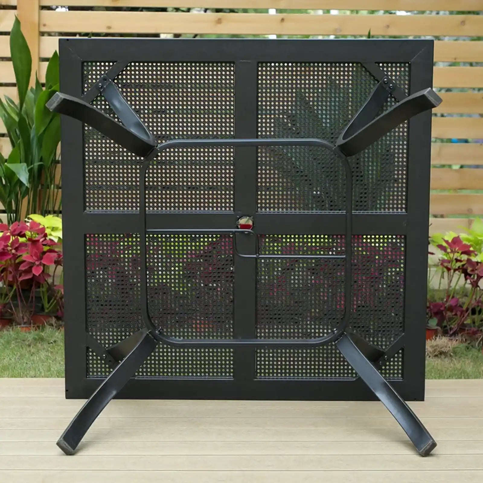 Mesa de comedor cuadrada de metal para exterior con orificio para sombrilla, negro 