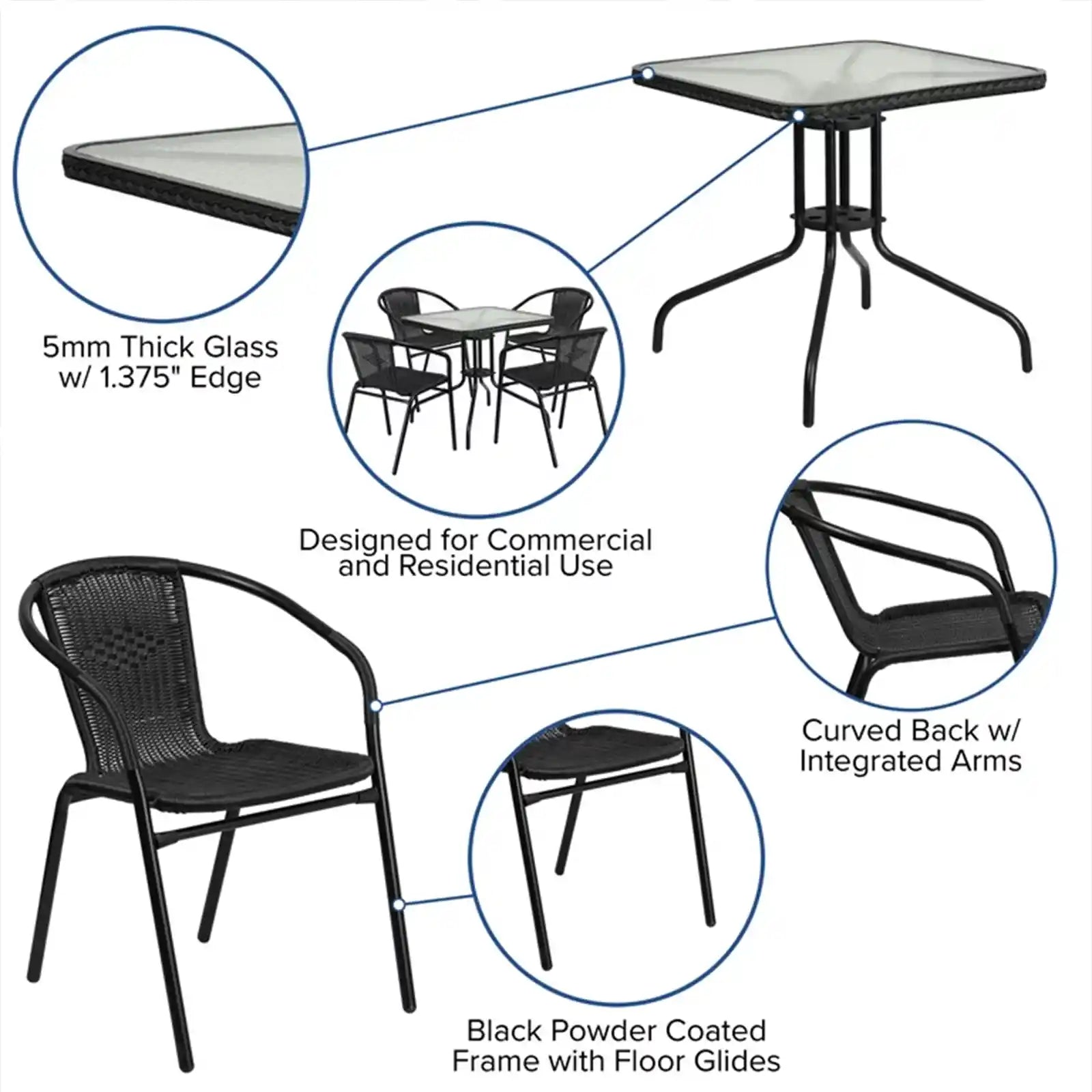 Square Glass Metal Table with Rattan Edging and 4 Rattan Stack Chairs