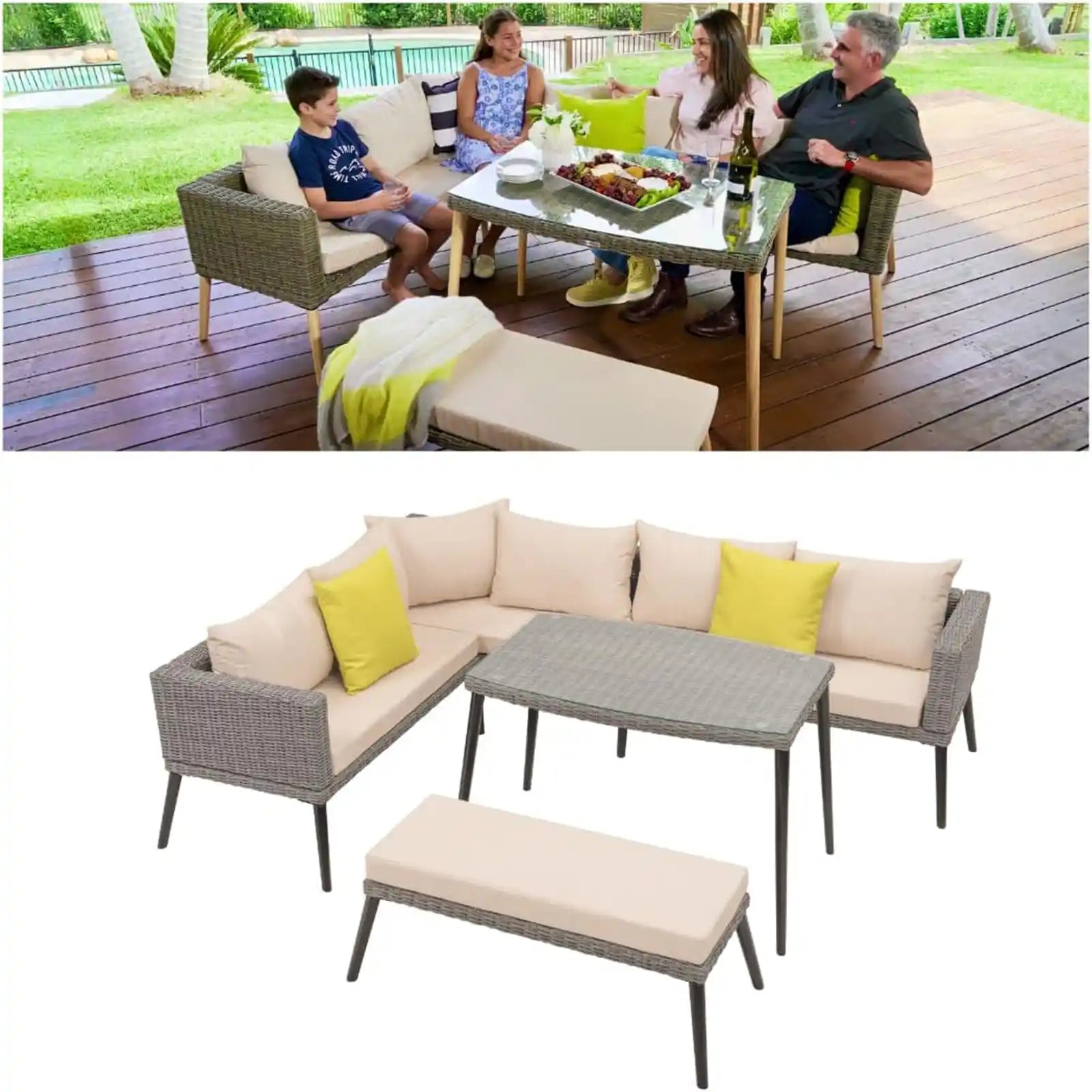 Outdoor Sectional with Dining Table, Patio Furniture Set, Tempered Glass Table Top, Rattan Outdoors Conversation Sets for Balcony, Garden Lawn, Sunroom, Modern Wicker Porch Sofa Table