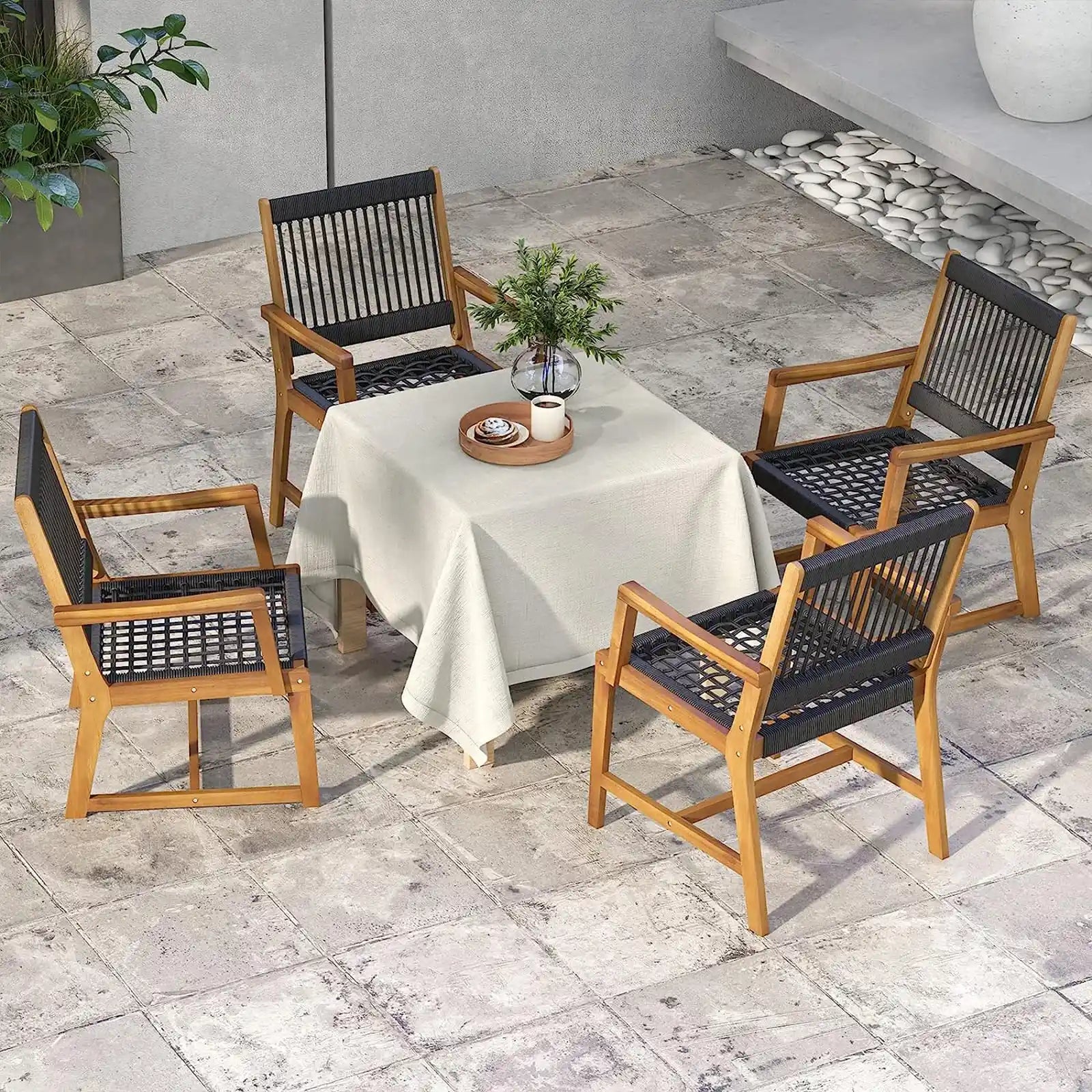 Juego de 4 sillas de comedor de madera de acacia para exteriores, sillas de patio tejidas con cuerda para todo tipo de clima, con reposabrazos, sillones de exterior para patio, césped, jardín, patio trasero 