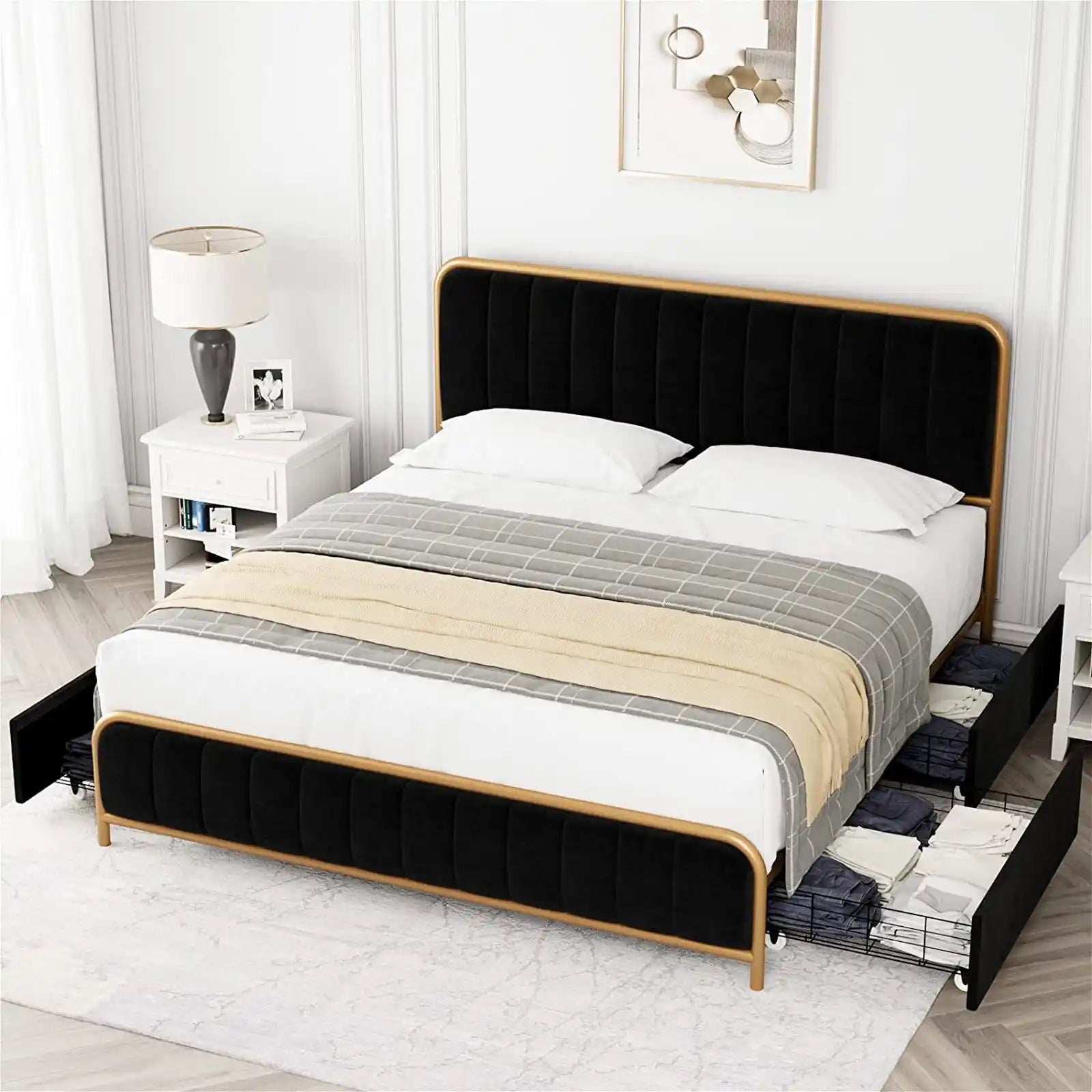 Estructura de cama tapizada de metal con cabecera capitoné con botones y 4 cajones