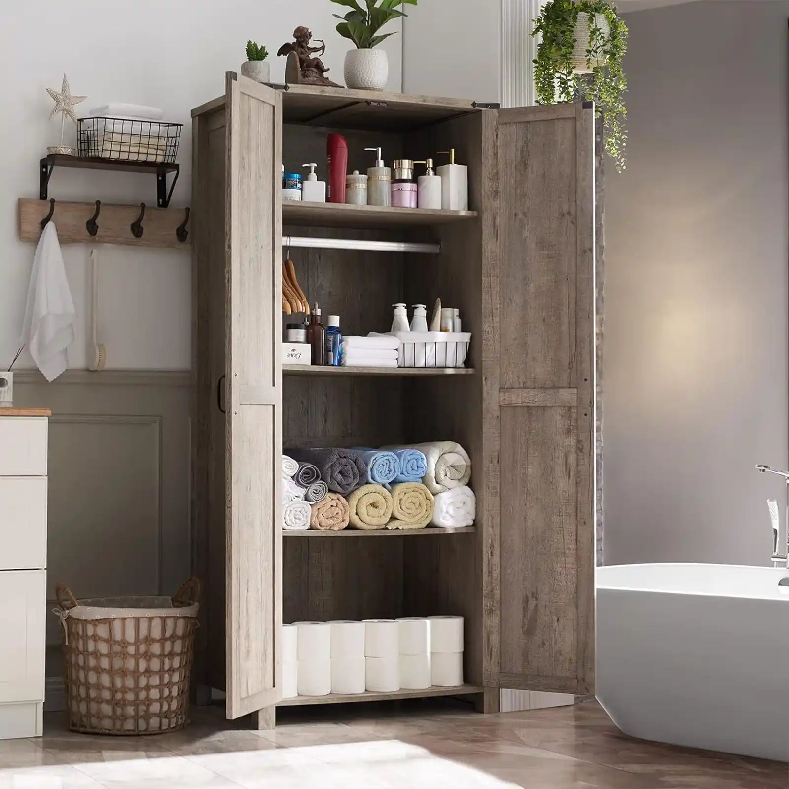 Gabinete de almacenamiento, organizador de baño de granja con estantes ajustables, despensa de cocina estrecha con puerta de granero, almacenamiento versátil con barra para colgar para el hogar, lavandería, cuarto de servicio