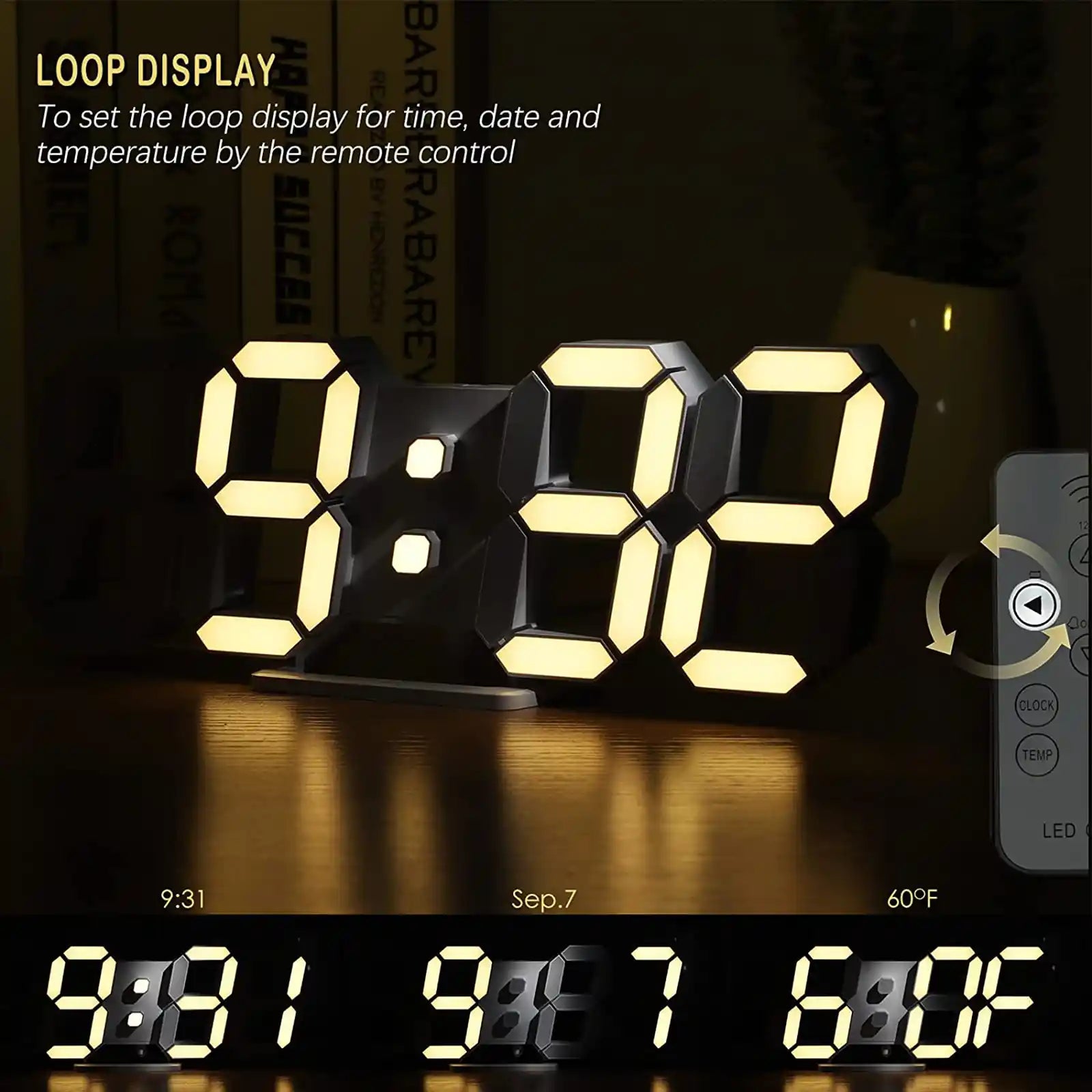 Digital Clock 3D LED Wall Clock 9.7" Bedside Clock for Bedroom Living Room Office Classroom Night Light Auto/Custom Brightness, Temperature, Remote Control