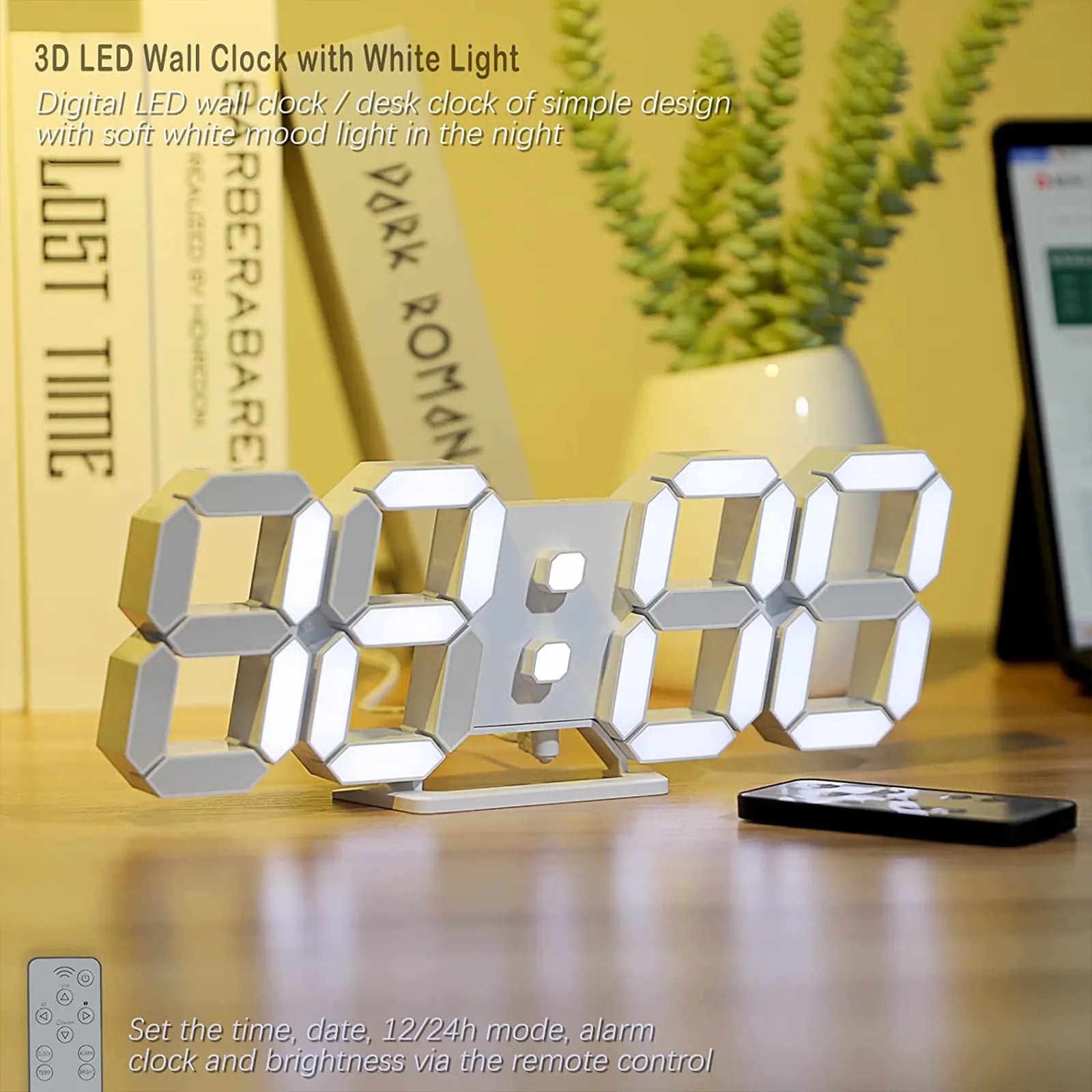 Digital Clock 3D LED Wall Clock 9.7" Bedside Clock for Bedroom Living Room Office Classroom Night Light Auto/Custom Brightness, Temperature, Remote Control