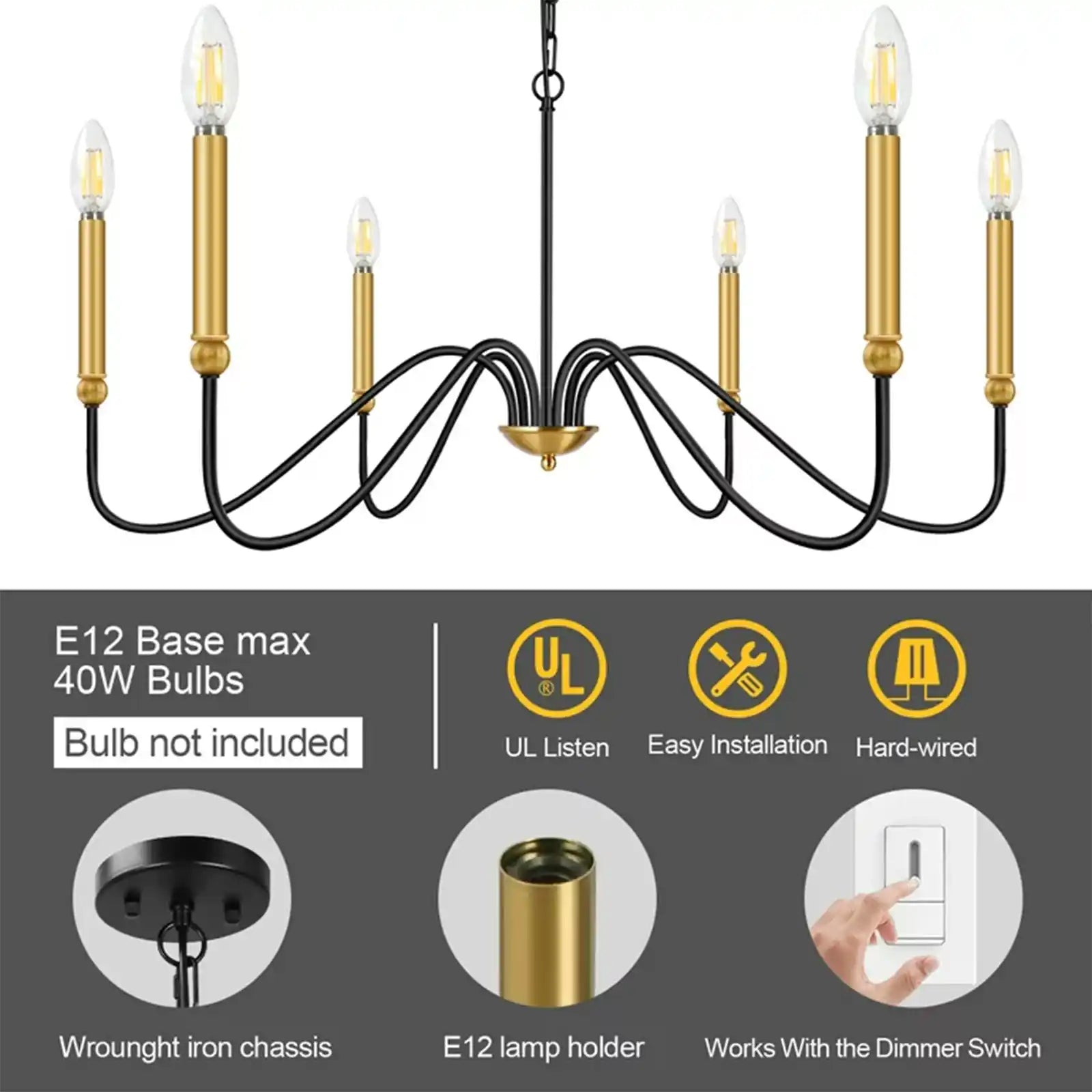 6-Light Farmhouse Chandelier, Industrial Iron Chandelier Lighting, Dimmable Classic Candle Pendant Light Fixture for Dining Room Bedroom Kitchen Island